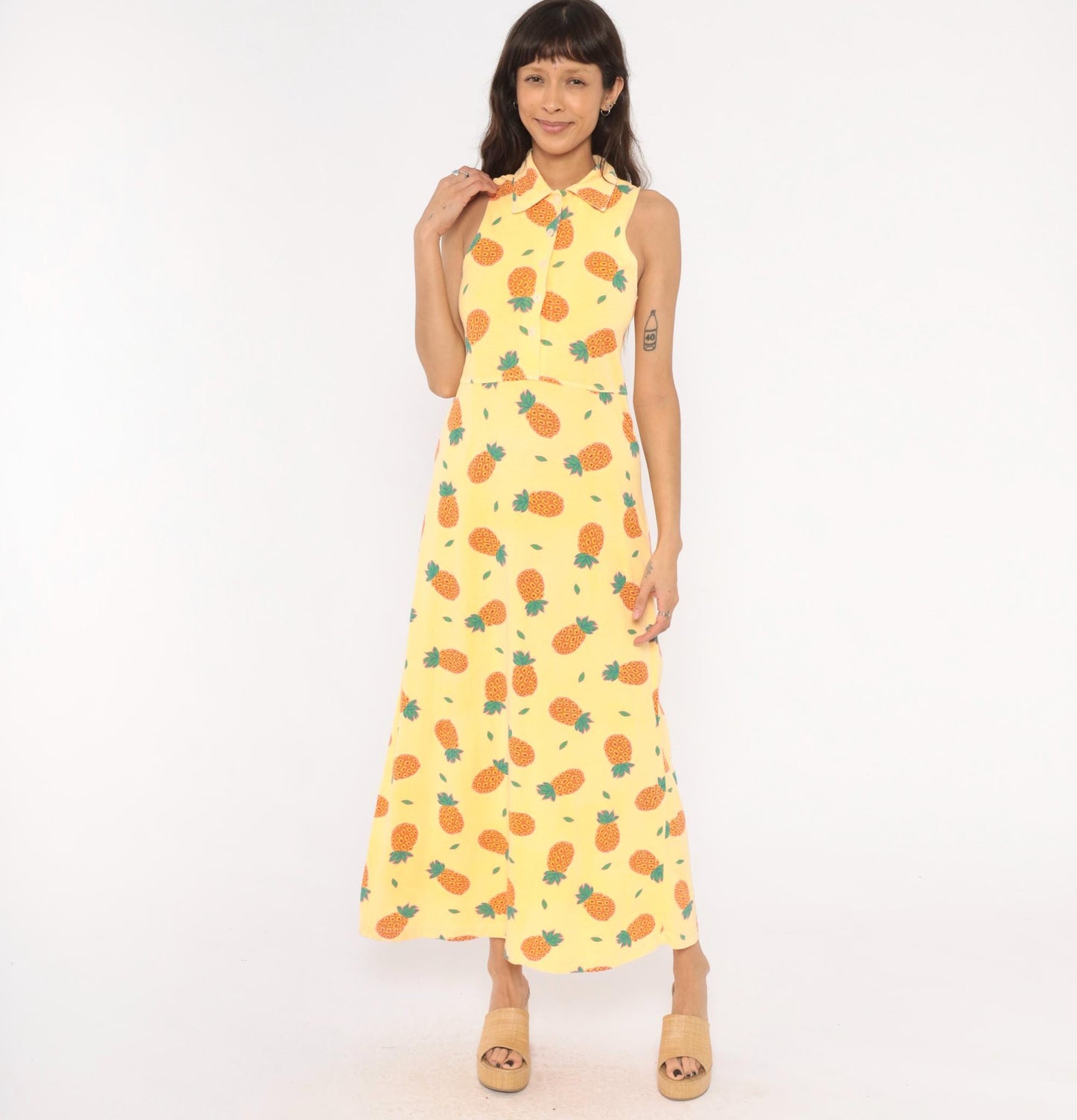 90s Zip Code Pineapple Print Maxi Dress Yellow Cotton Sleeveless Small