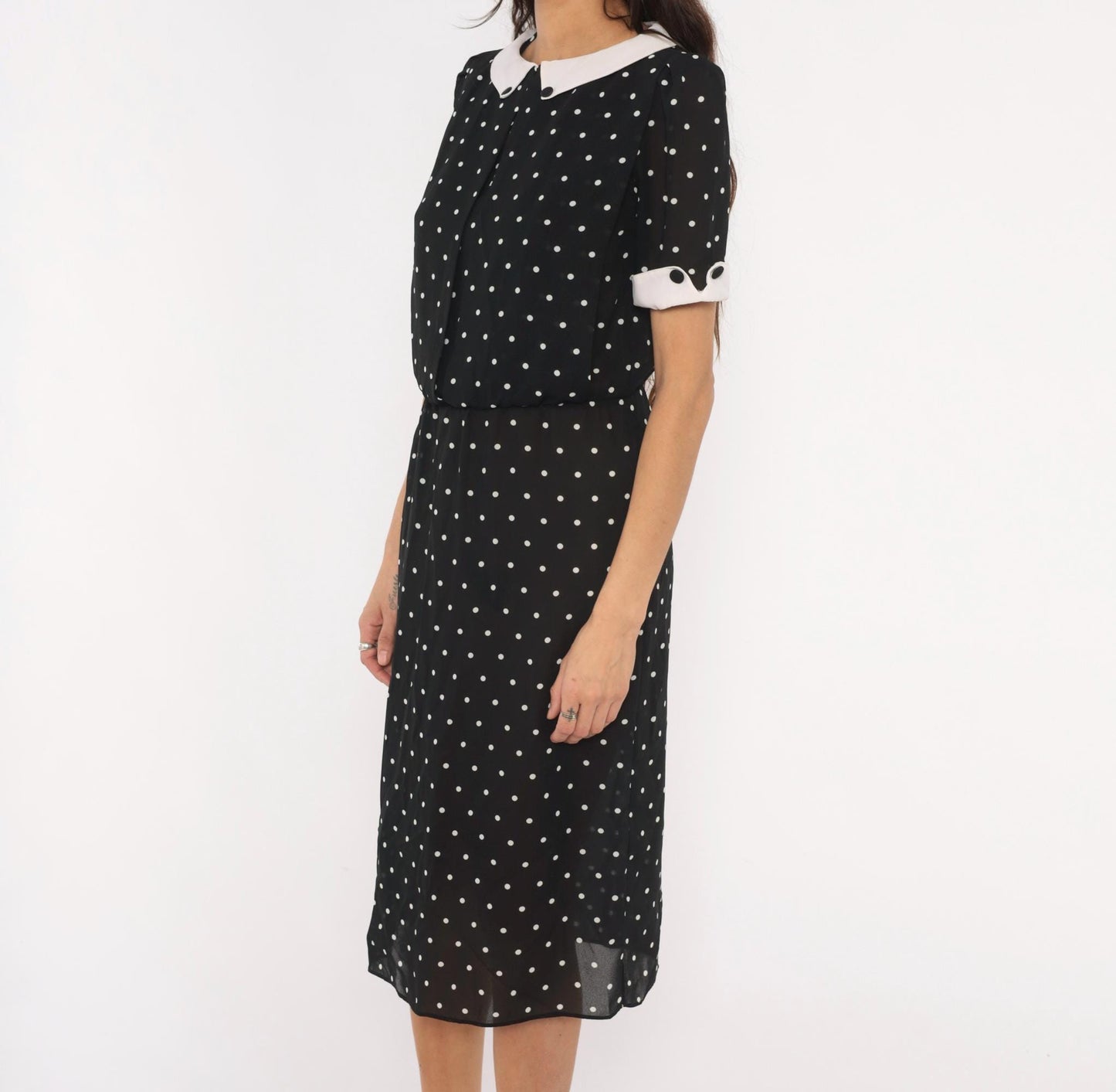 90s Farouche Black White Polka Dot Midi Dress Peter Pan Collar Small