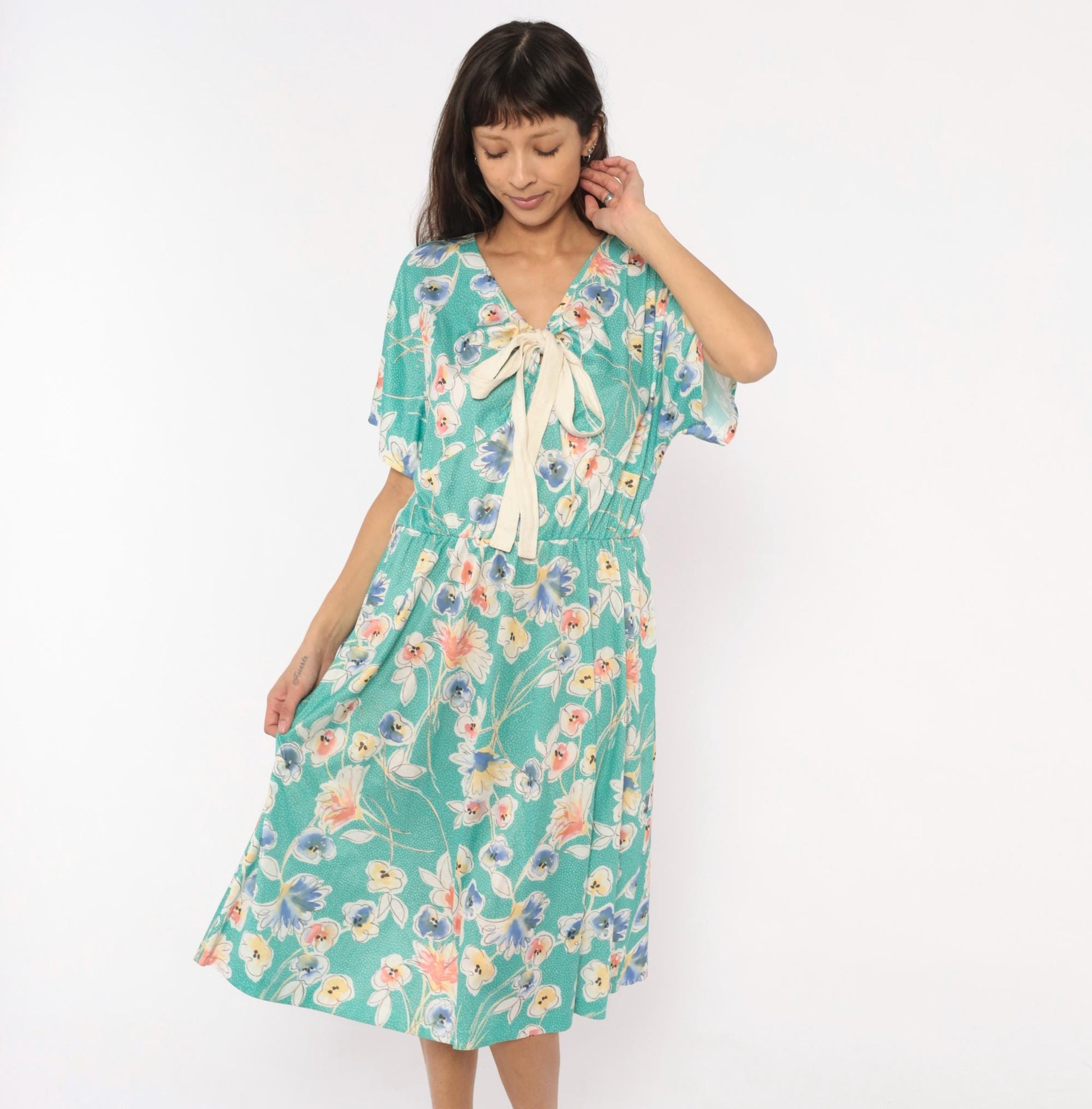 80s Pansy Floral Dress Teal V-Neck Bow Blouson Knee Length Extra Large