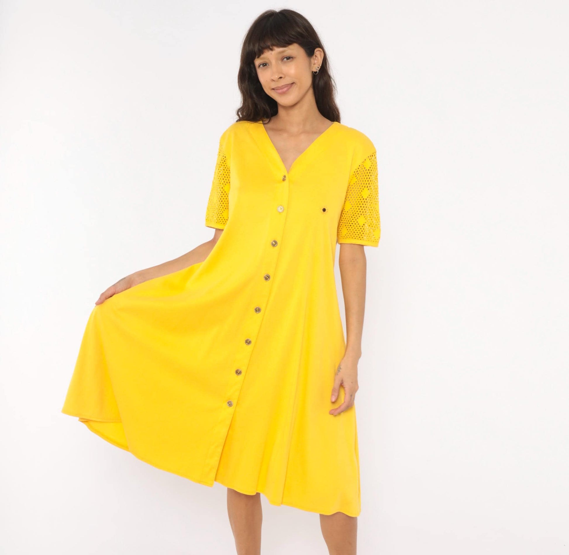 90s Leisure Living Sunflower Embroidered Dress Yellow Cotton Mesh Sleeve Small