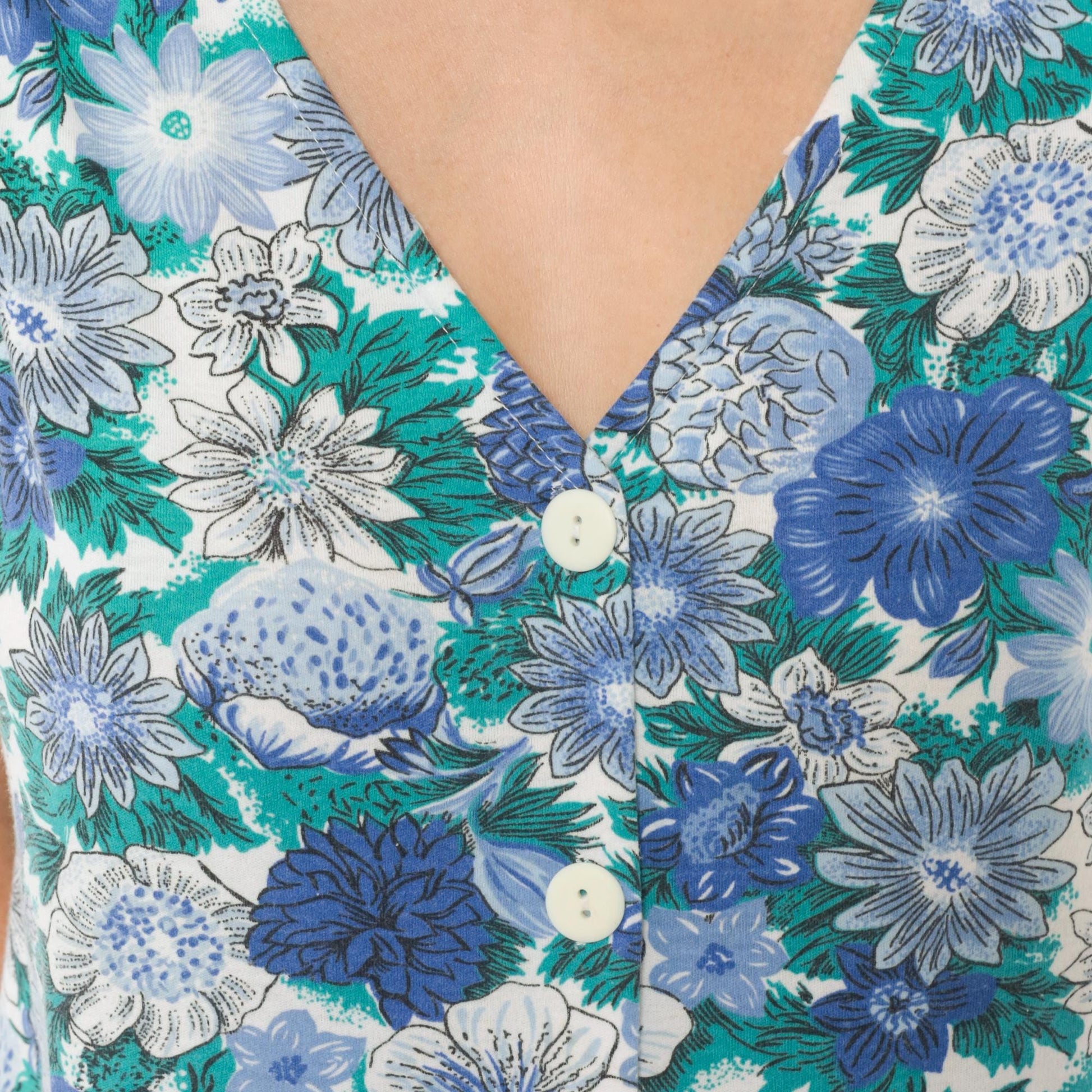 90s Floral Romper Blue Teal White Button Front V Neck Sleeveless Cotton Playsuit Medium M