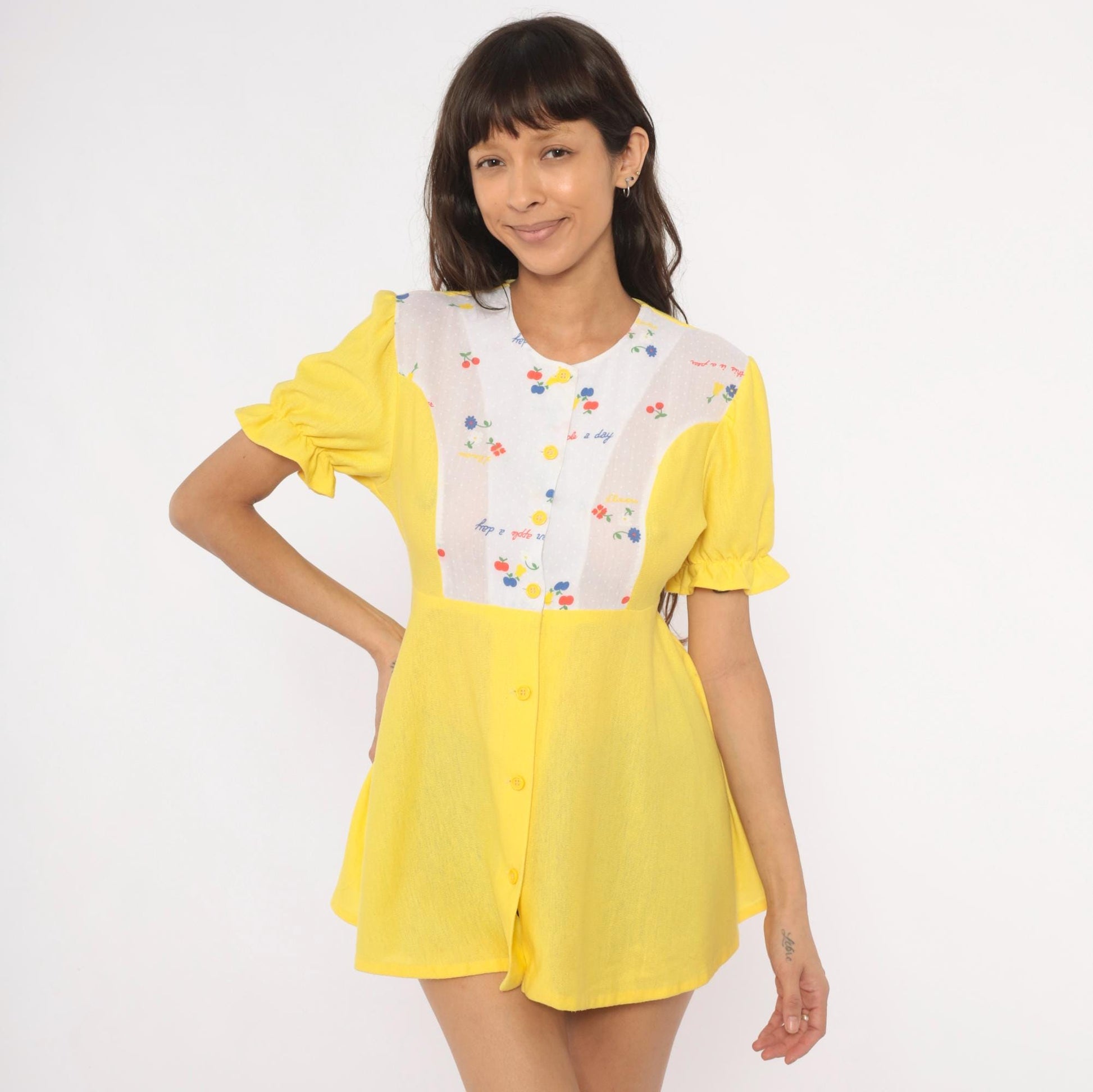 70s Yellow Babydoll Top Puff Sleeve Empire Waist Fruit Print Cotton Blouse Large