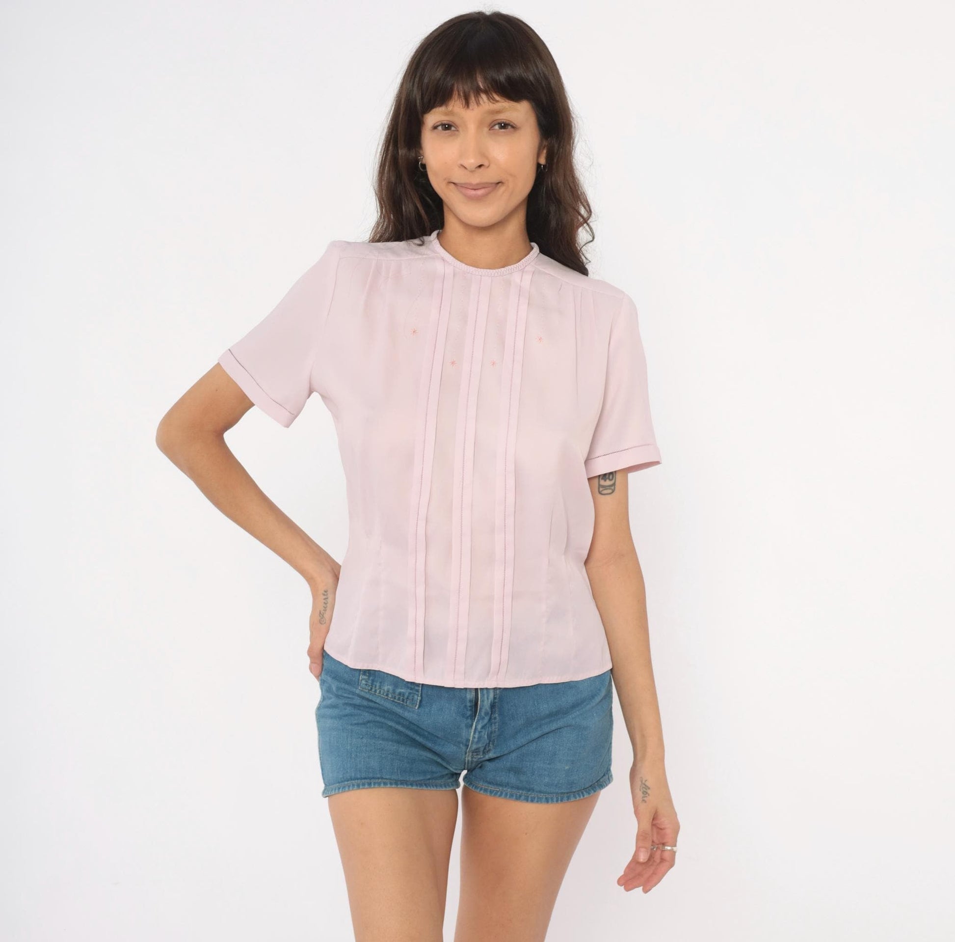 70s Mode de Paris Blush Pintuck Blouse Embroidered Star Crew Neck Medium