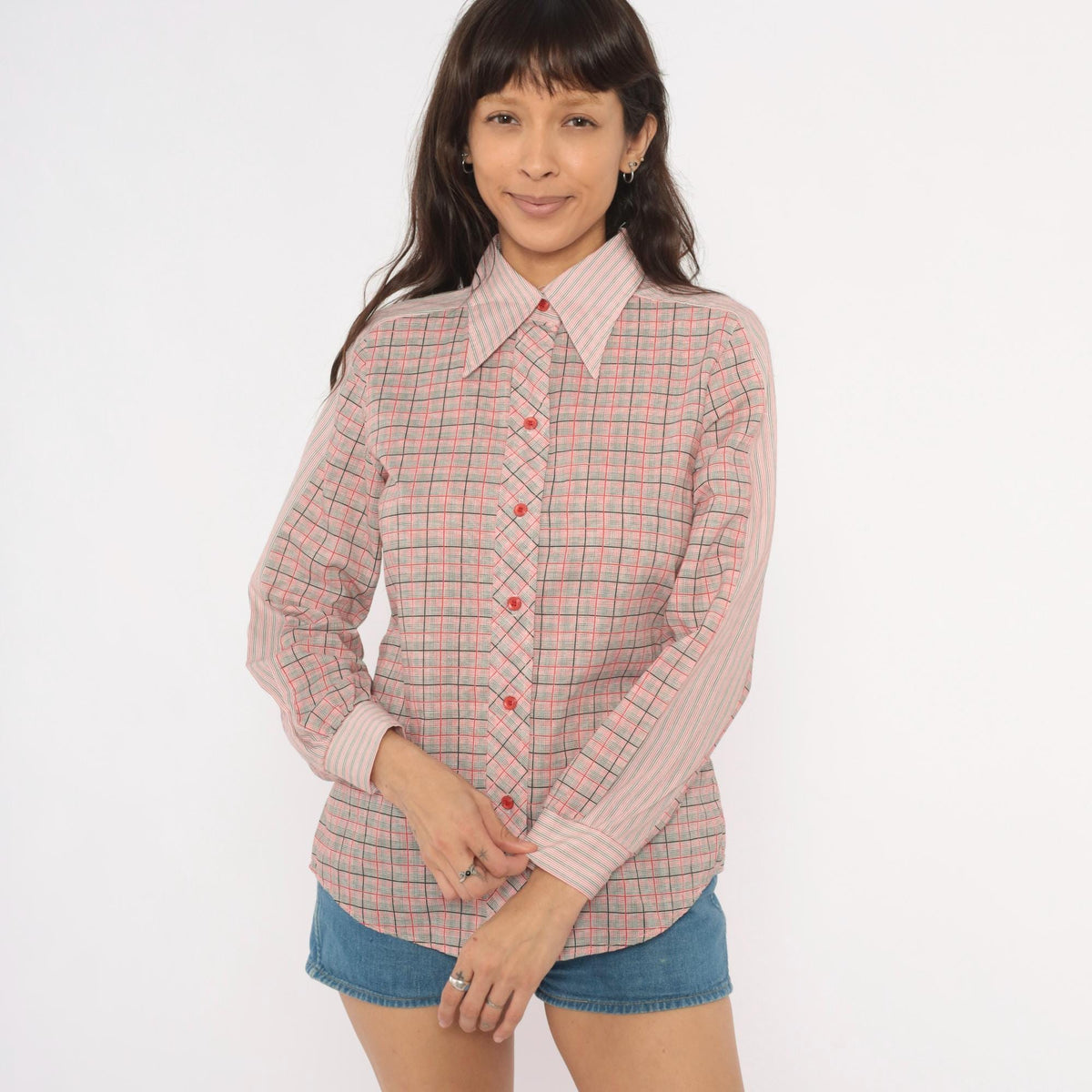 80s Plaid Button-Front Blouse Red Black Glen Check Pointed Collar Small