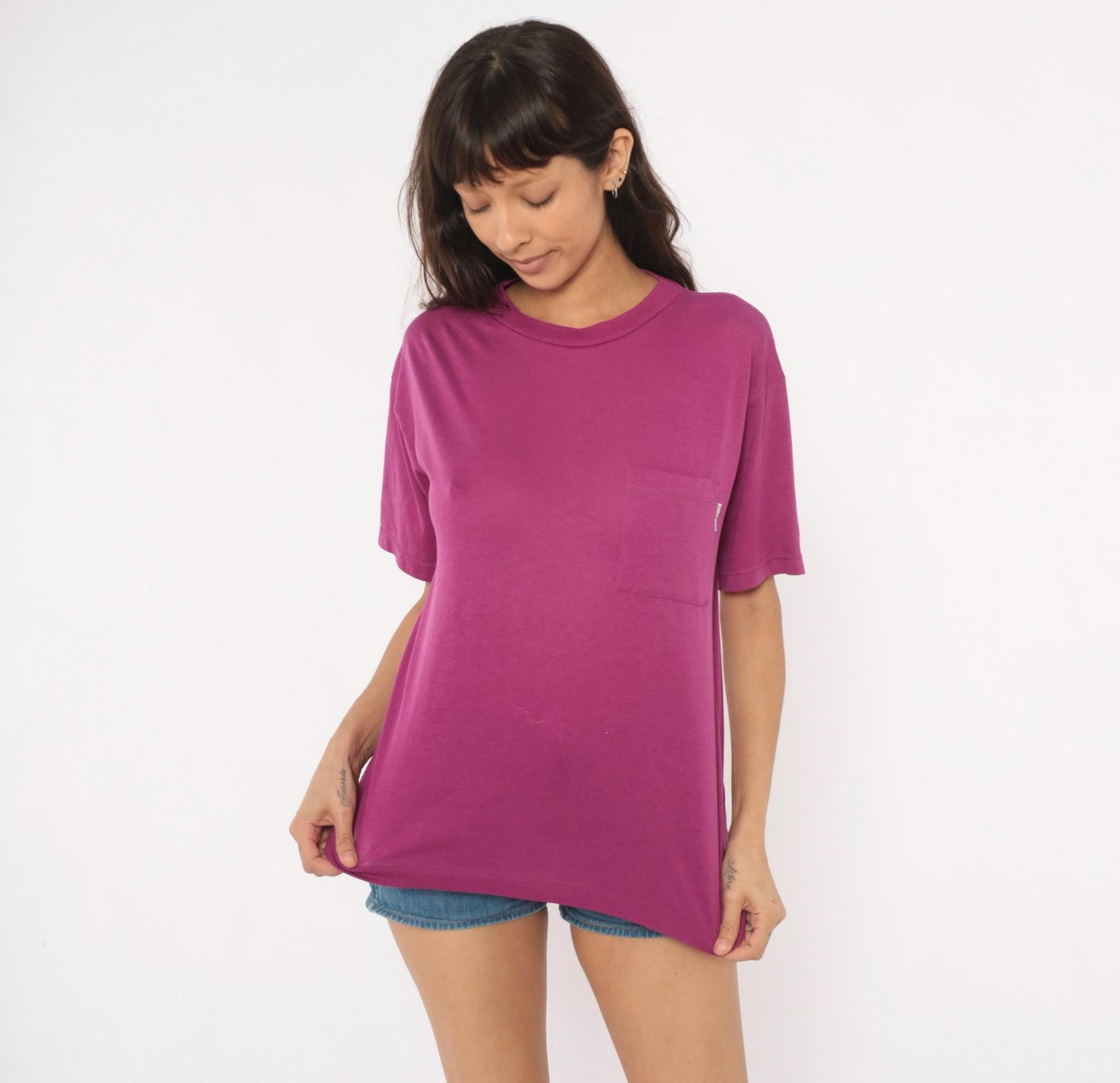 80s Plum Pocket Tee Cotton Crew Neck Boxy Short Sleeve Medium