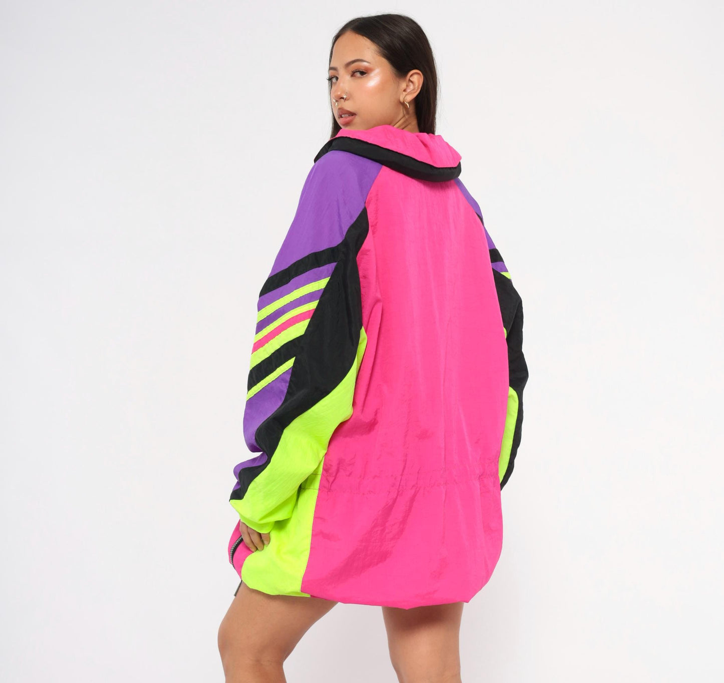 90s Roffe Demetre Neon Pink Ski Anorak Color Block Hooded Jacket Extra Large XL