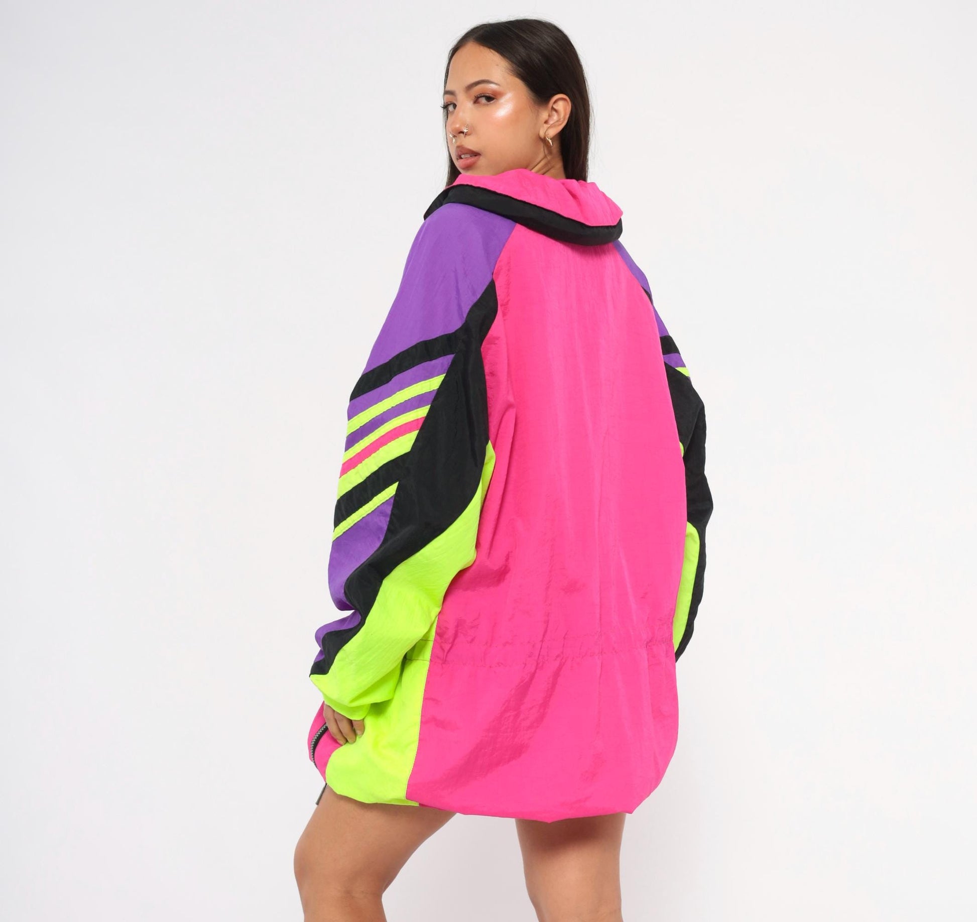 90s Roffe Demetre Neon Pink Ski Anorak Color Block Hooded Jacket Extra Large XL