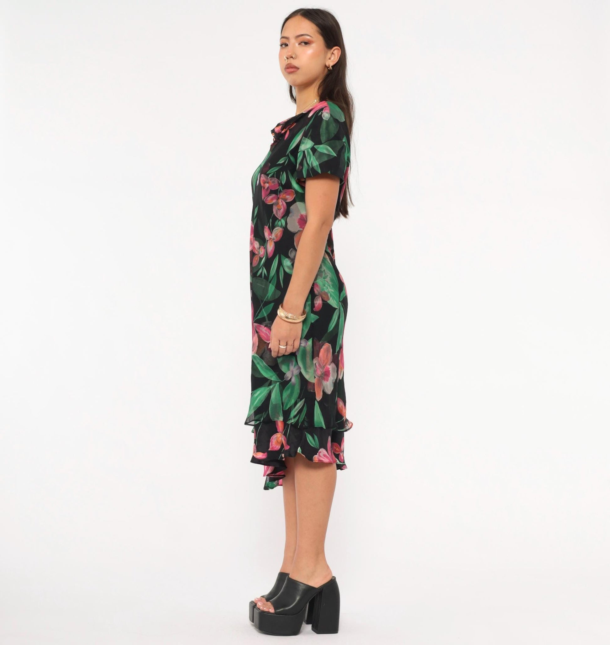 90s Donna Ricco Silk Dress Tropical Floral Black Cowl Neck Layered Hem Medium M