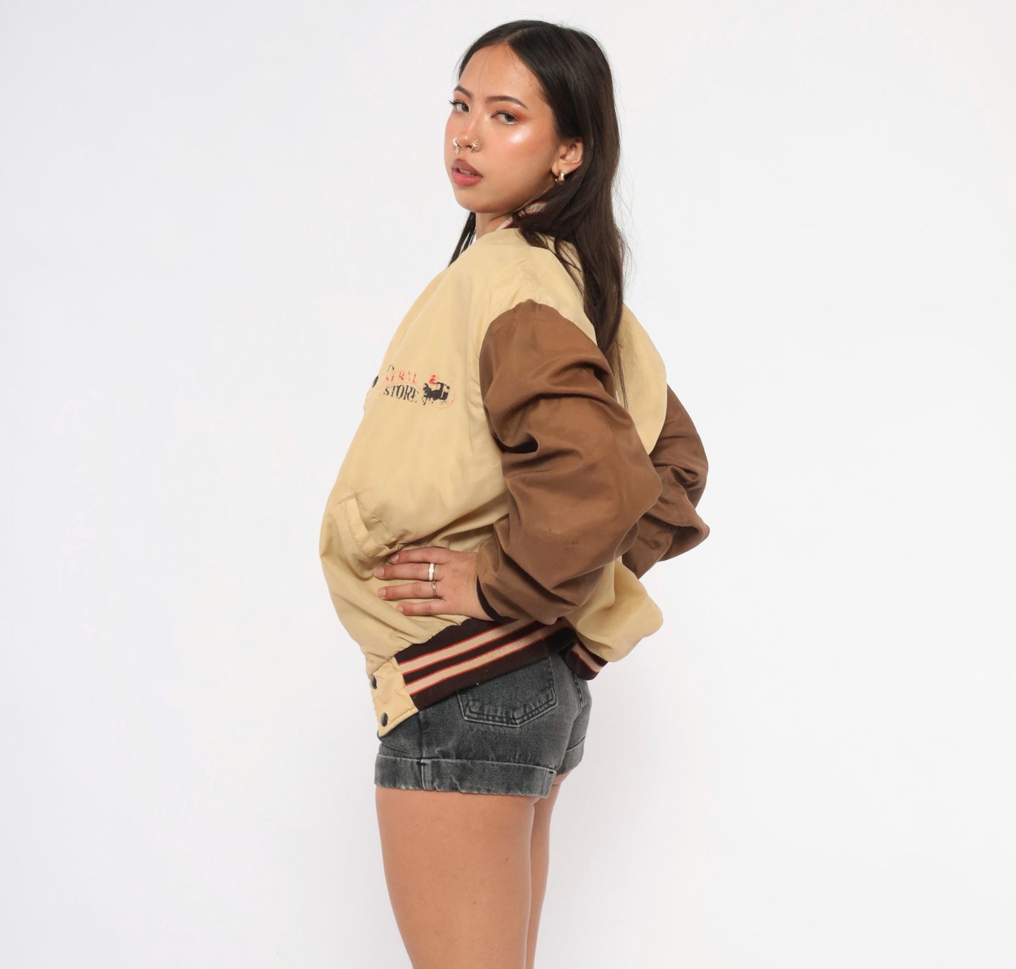 80s DeLong Sportswear Varsity Bomber Tan Brown Striped Nylon Windbreaker Extra Large XL
