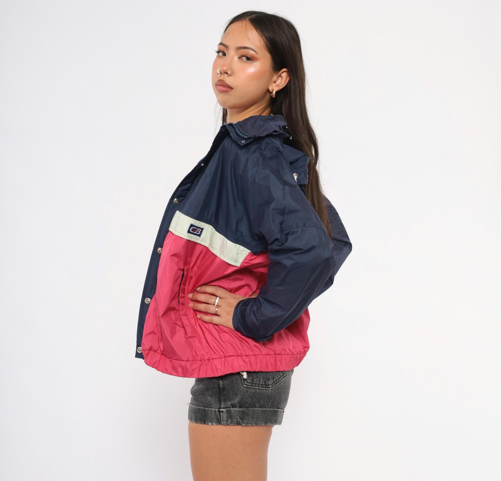 80s CB Sports Color Block Windbreaker Navy Pink Hooded Jacket Medium