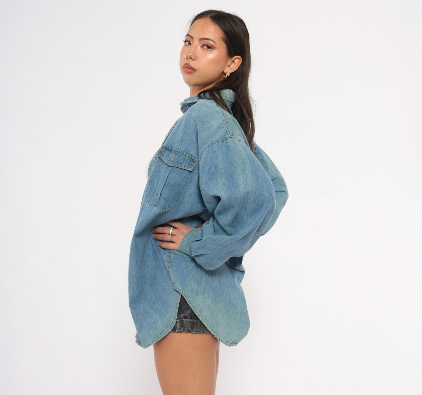 90s Mississippi River Blues Denim Shirt Light Wash Cotton Chambray Medium M