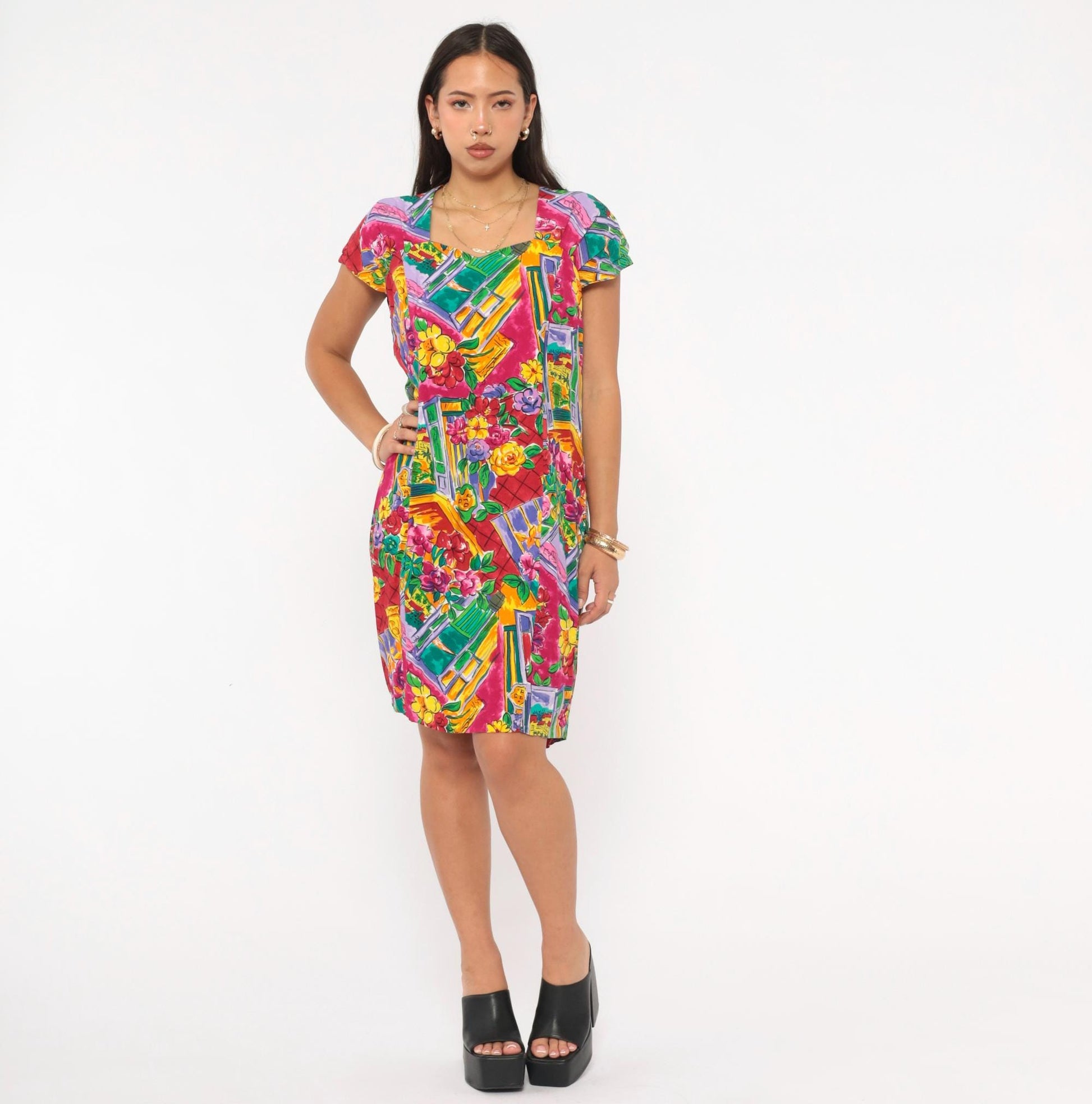 90s Jessica Howard Floral Shift Dress Sweetheart Neckline Knee-Length Medium M