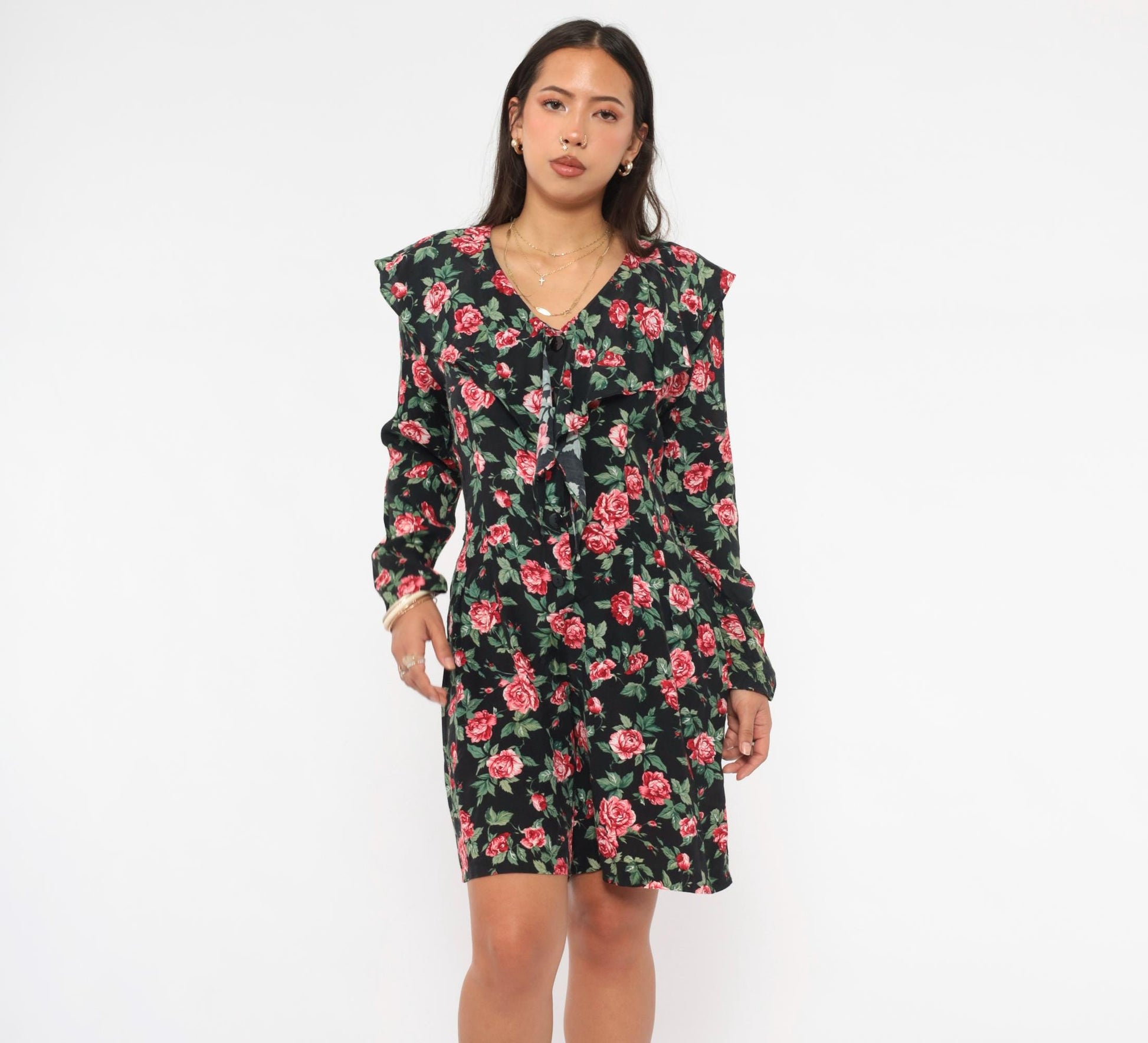 90s Rampage Rose Print Mini Dress Black Floral V-Neck Ruffle Long Sleeve Small