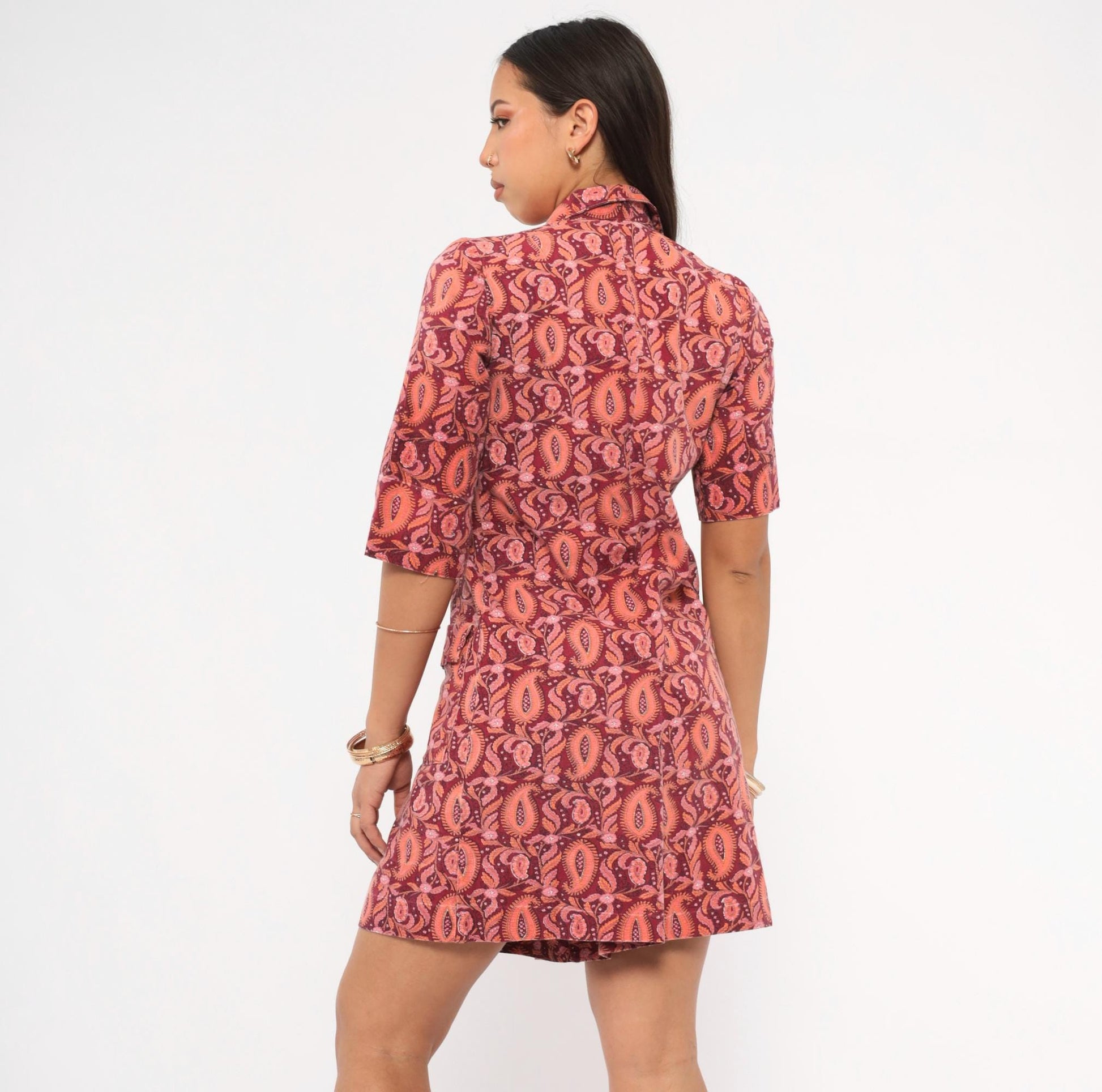 70s Paisley Romper Playsuit Cotton Jumpsuit Rose Coral Floral Mini XS