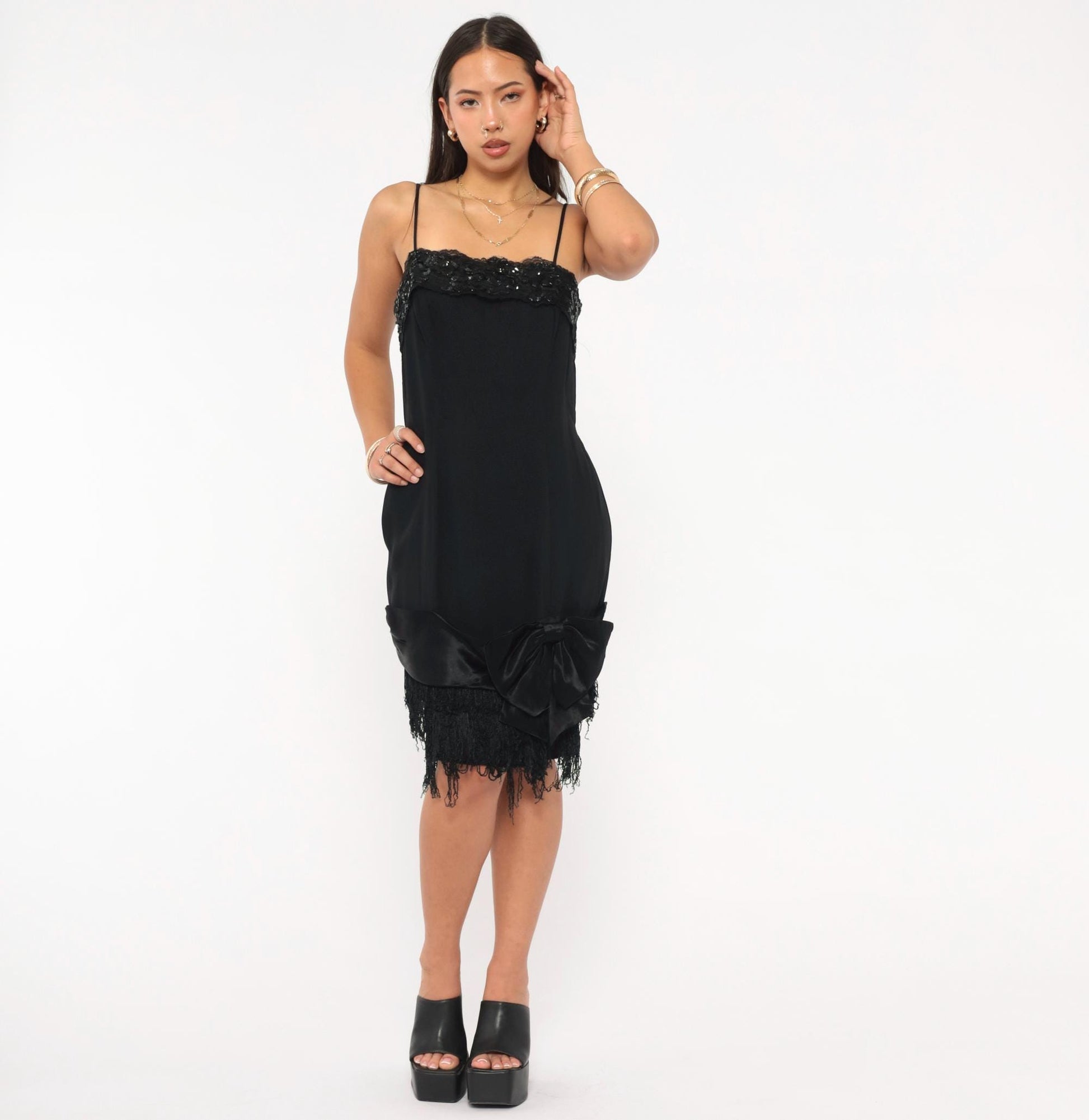 90s Roberta Black Mini Slip Dress Sequin Bustline Fringe Hem Extra Small XS