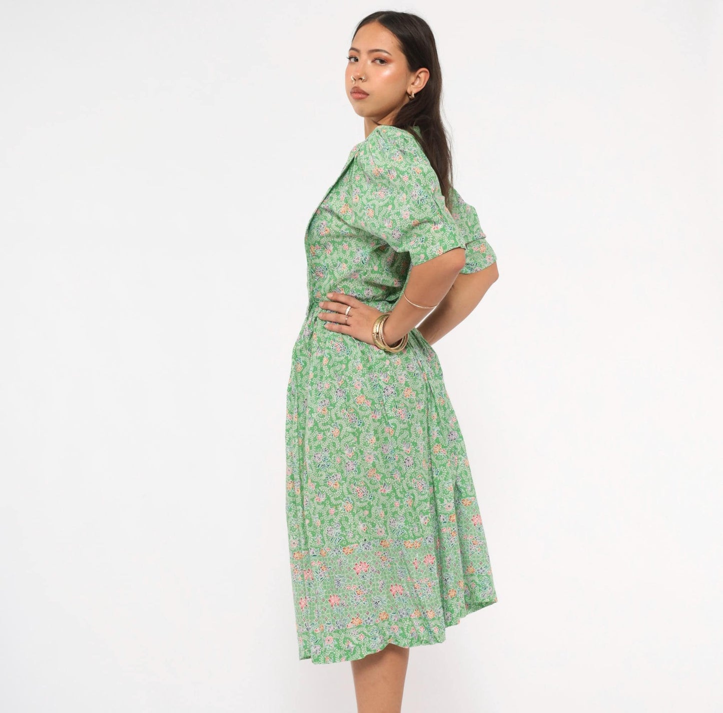 70s Jane Schaffhausen Floral Midi Dress Puff Sleeve Cotton Green Botanical Medium M