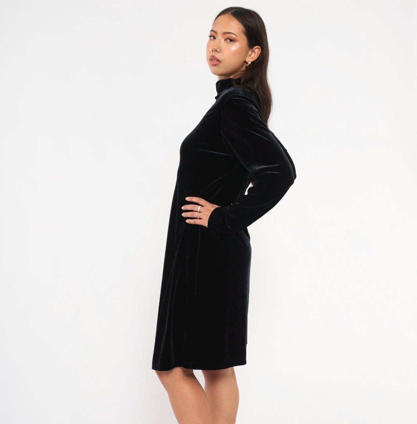 90s Jacqueline Ferrar Black Velvet Swing Dress Mock Neck Long Sleeve Large L