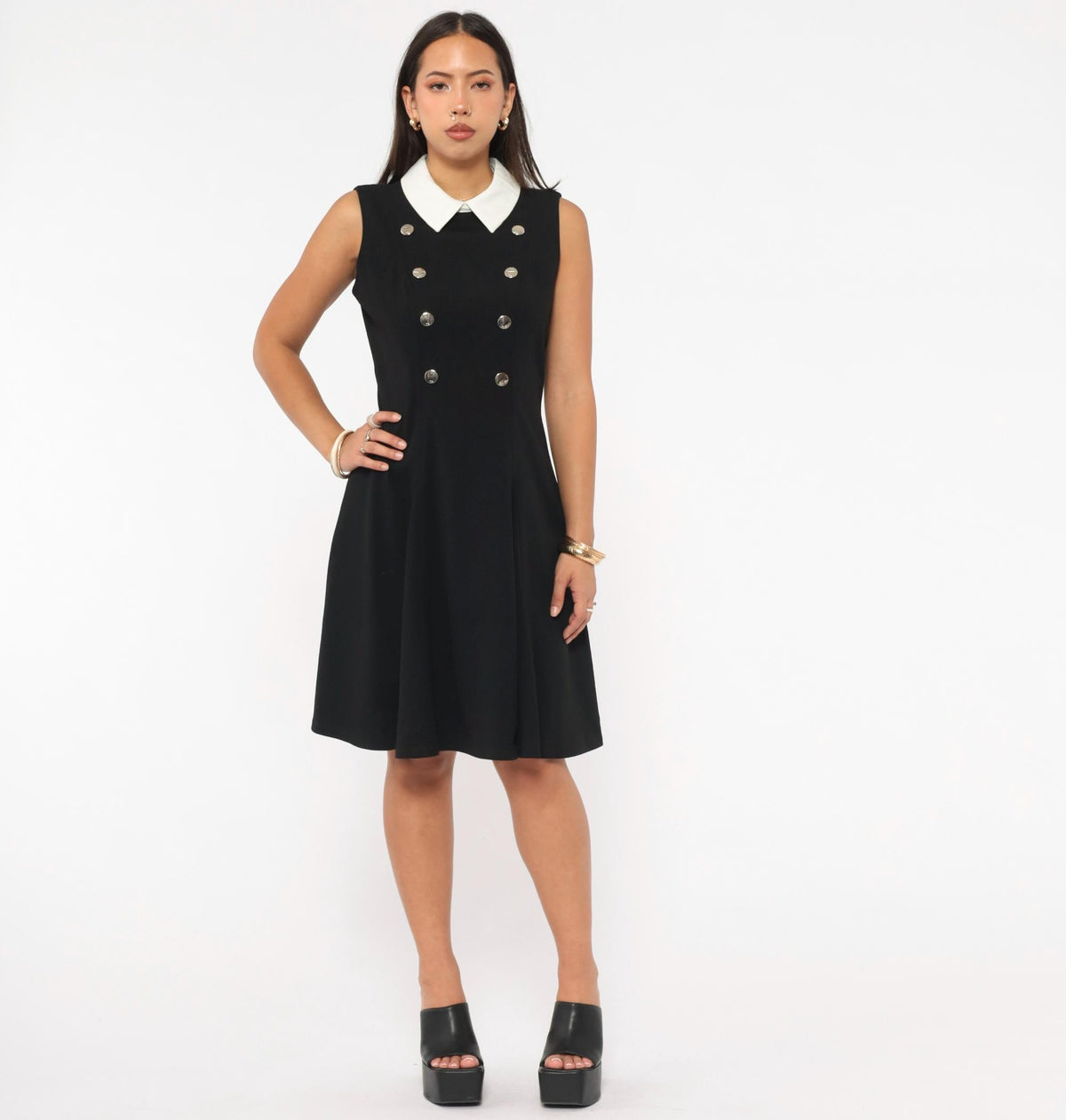 Y2K Tommy Hilfiger Black Mini Dress Double Breasted White Collar Medium M