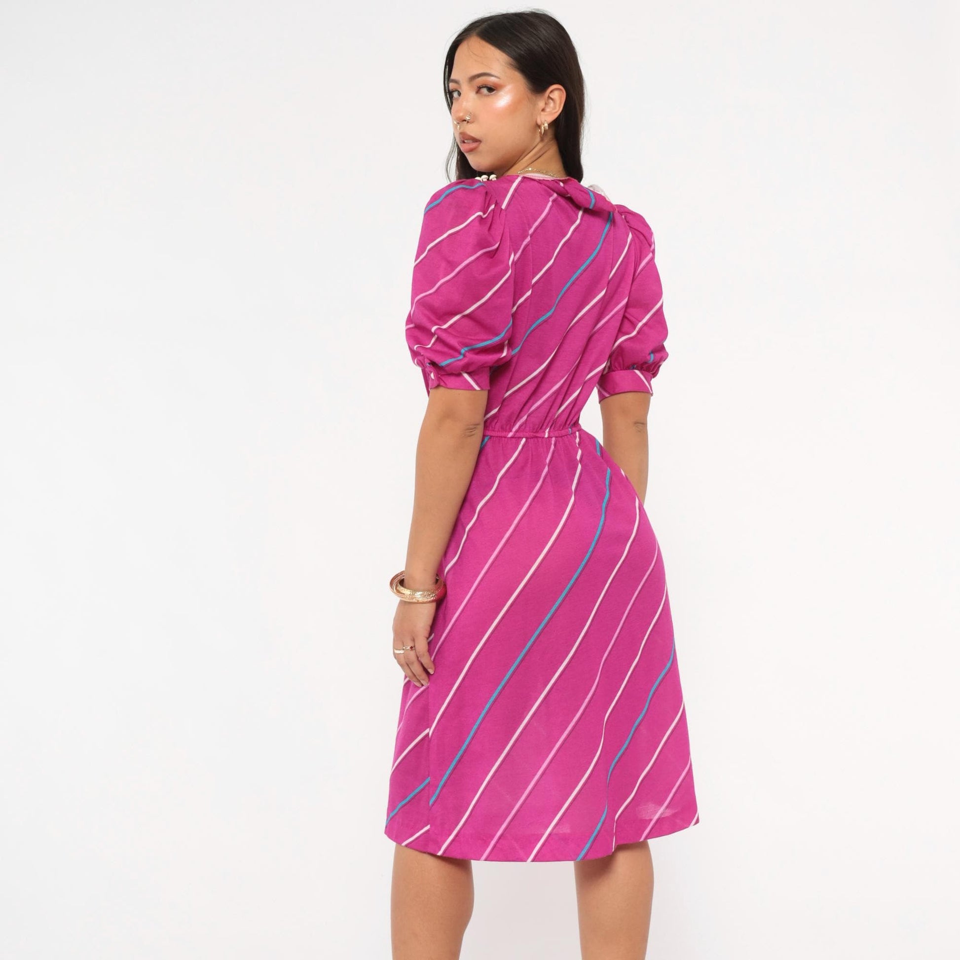 80s Joni Blair Magenta Striped Dress Puff Sleeve Boat Neck Knee Length Small