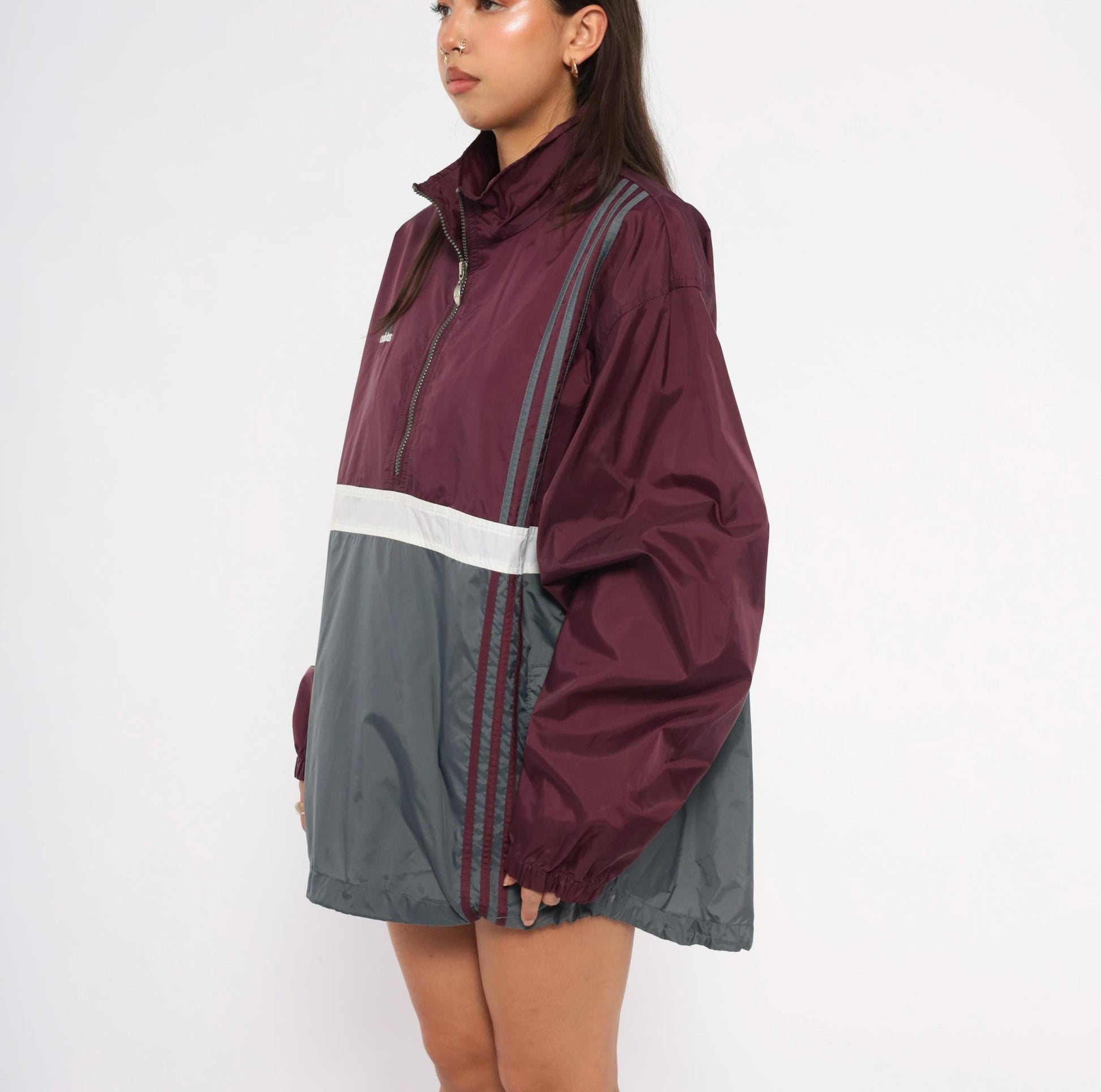 90s Adidas Half-Zip Windbreaker Burgundy Grey Colorblock Nylon Large