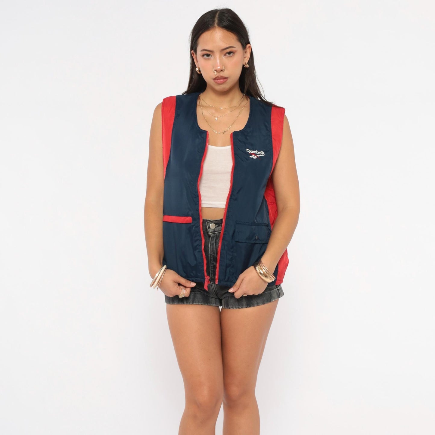 90s Reebok Colorblock Puffer Vest Navy Red Embroidered Logo Large L