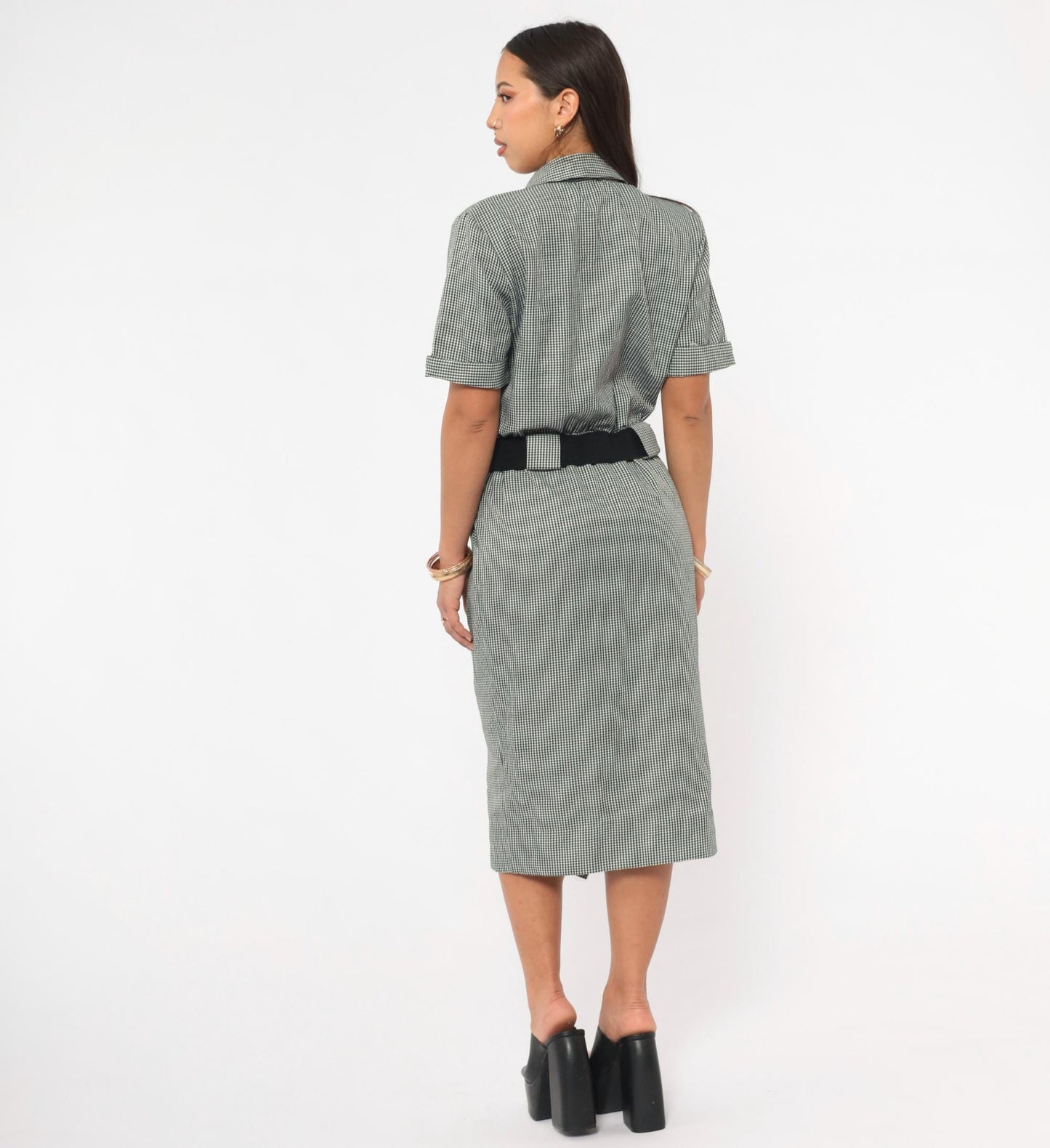 90s Black White Houndstooth Shirt Dress Midi Belted Pencil Skirt Small