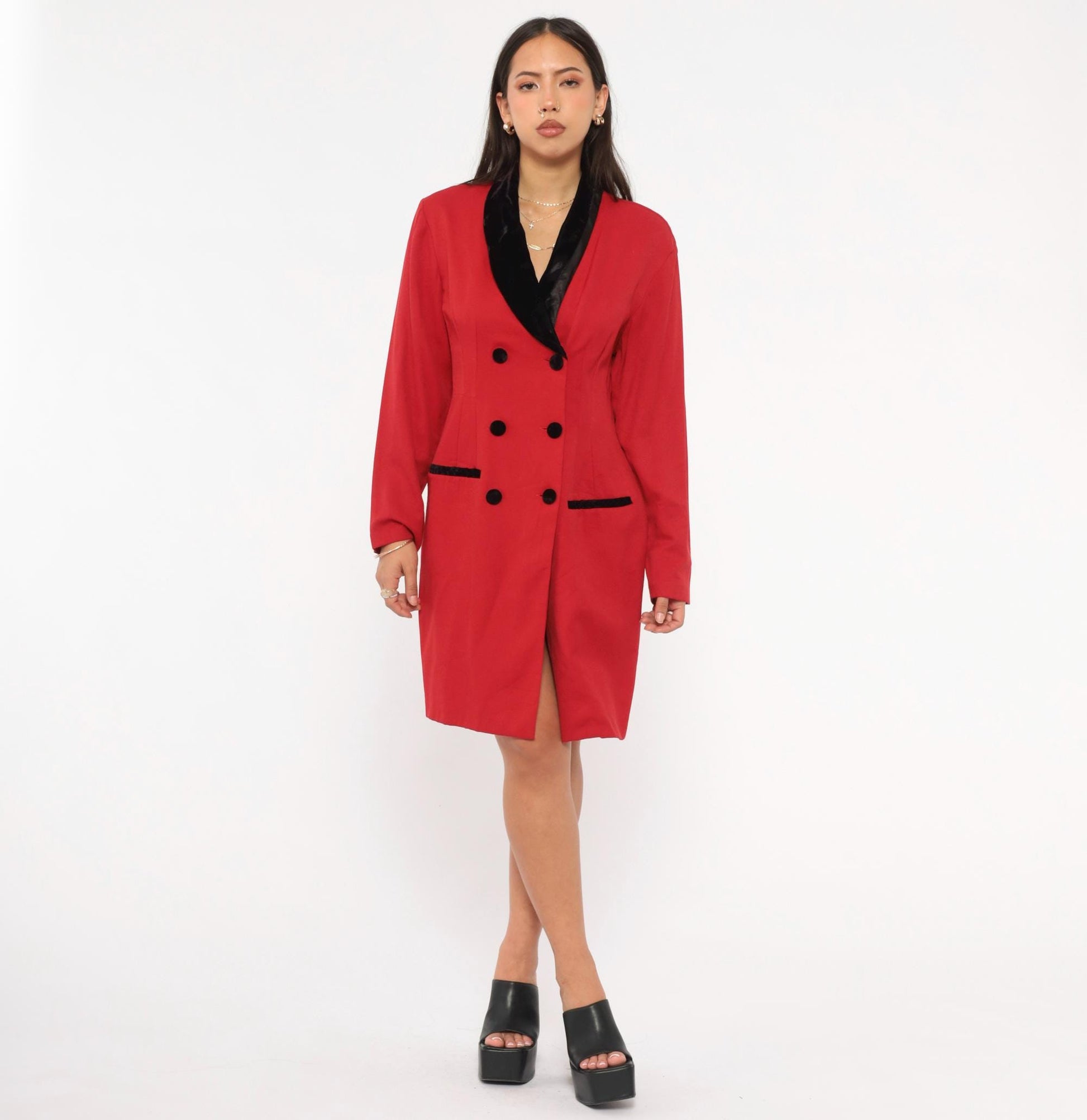 90s Scarlett Red Double Breasted Blazer Dress Velvet Collar Knee Length Small