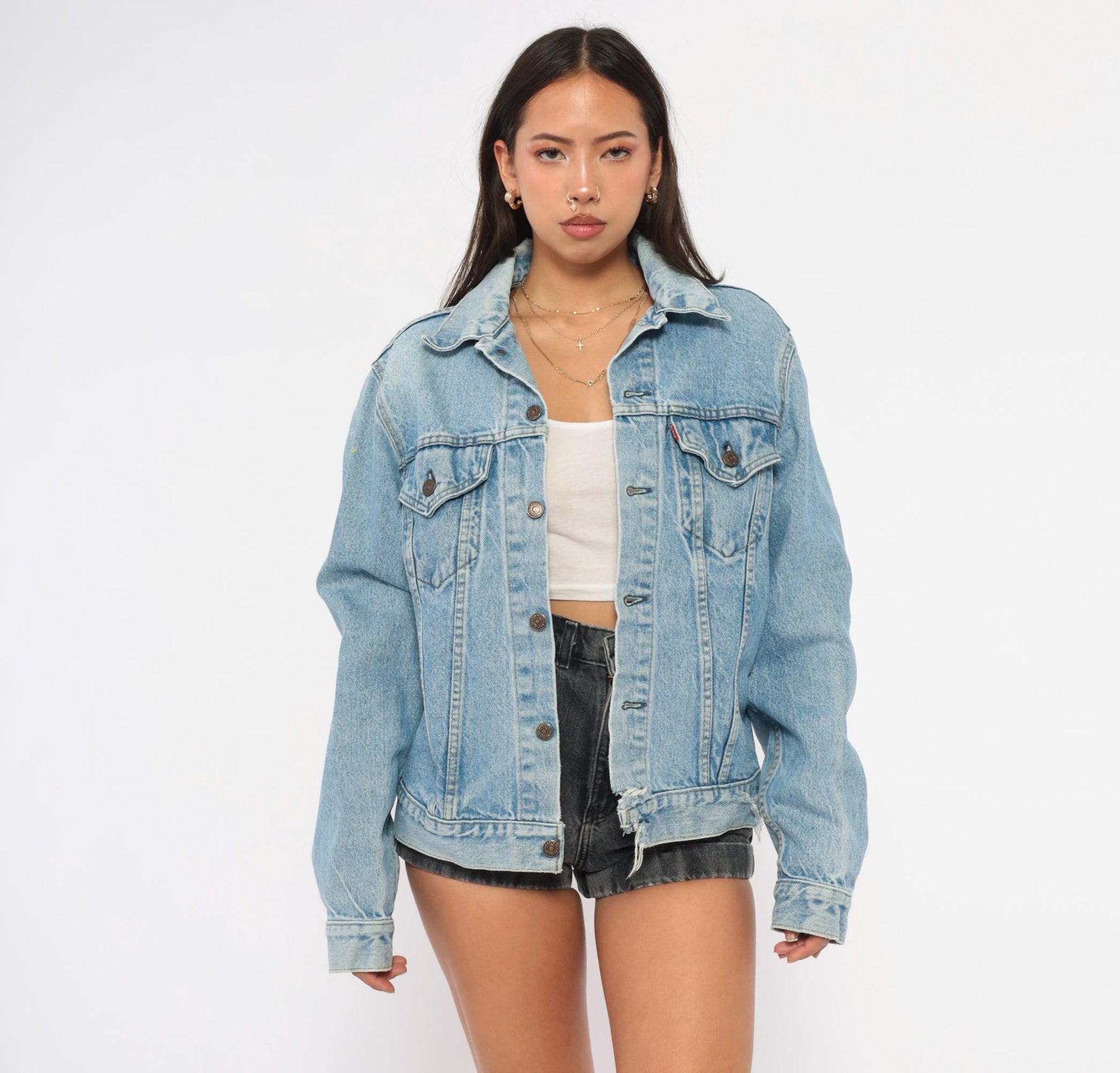70s Levis Trucker Jacket Light Blue Denim Cotton Button Front Medium