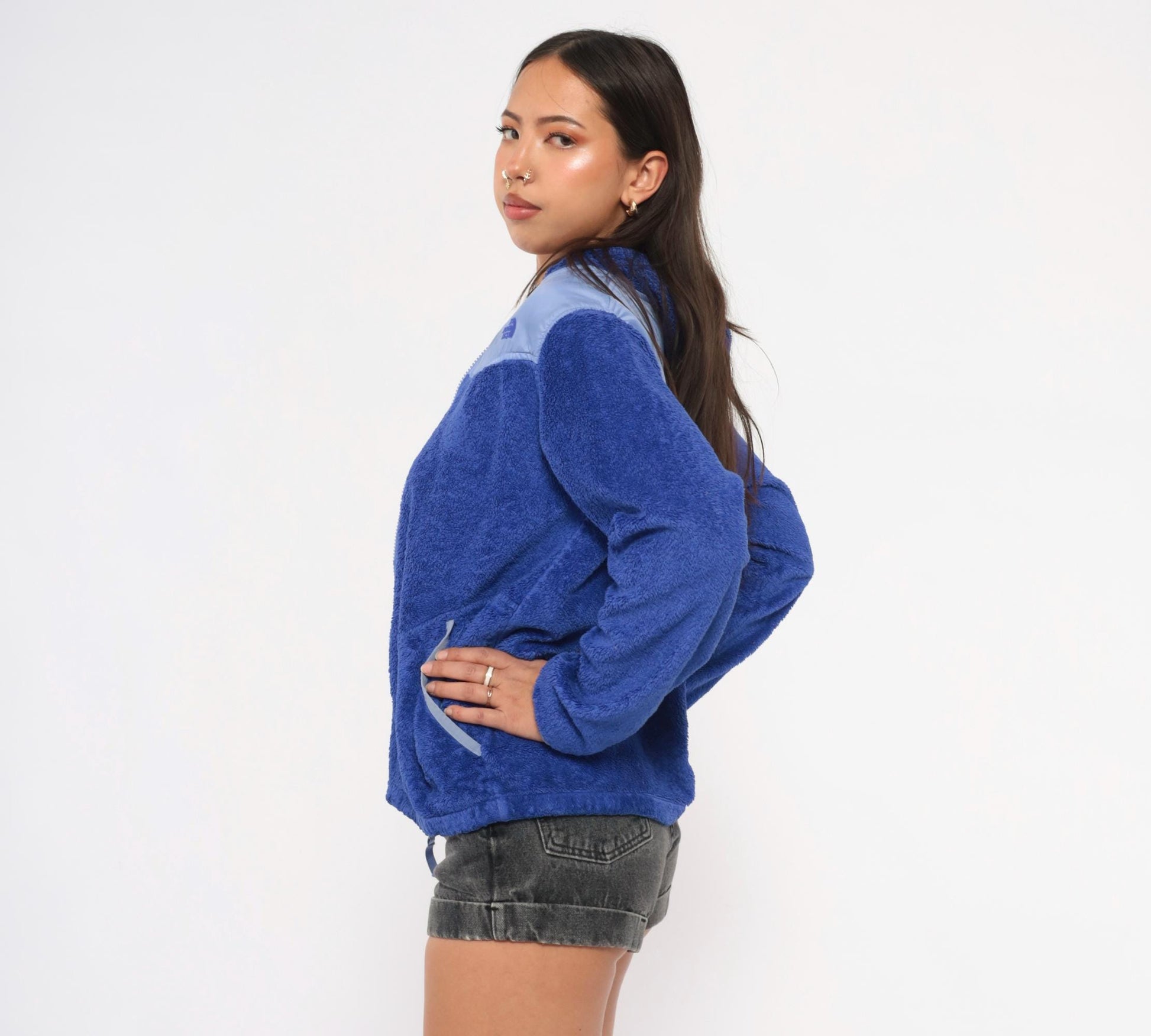 Y2K North Face Cobalt Blue Sherpa Fleece Hooded Jacket Small S