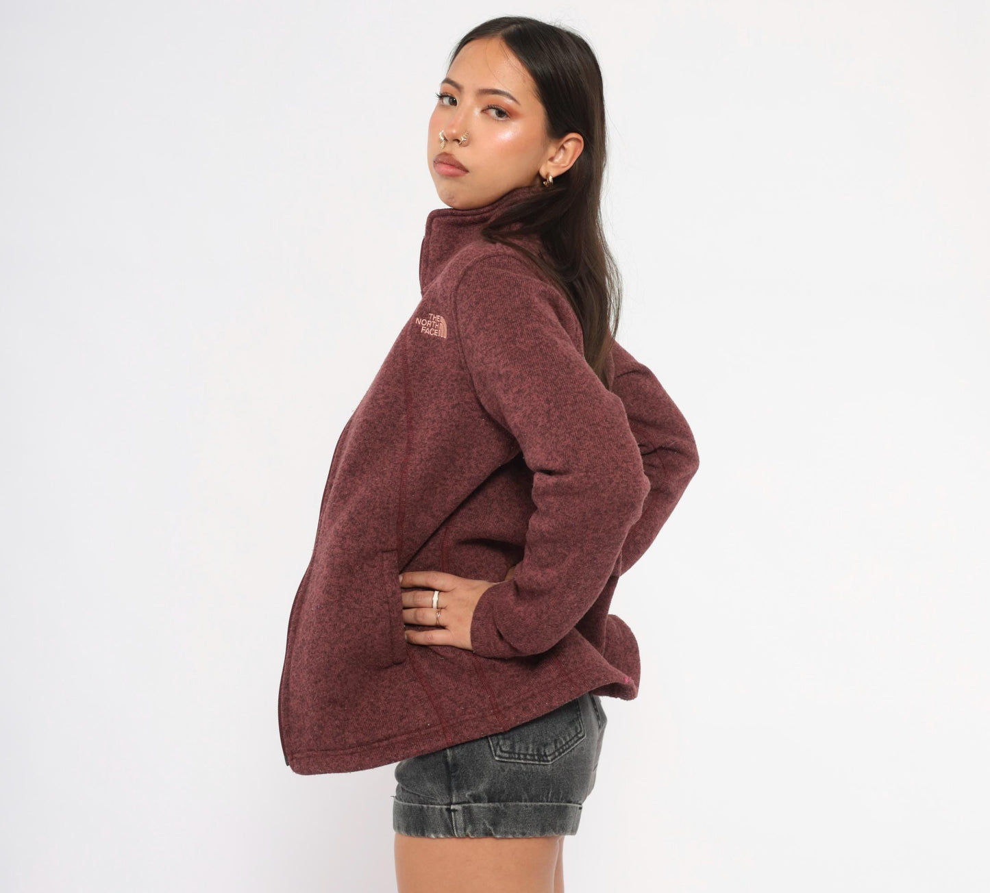 2000s The North Face Burgundy Fleece Jacket Raglan Small Petite
