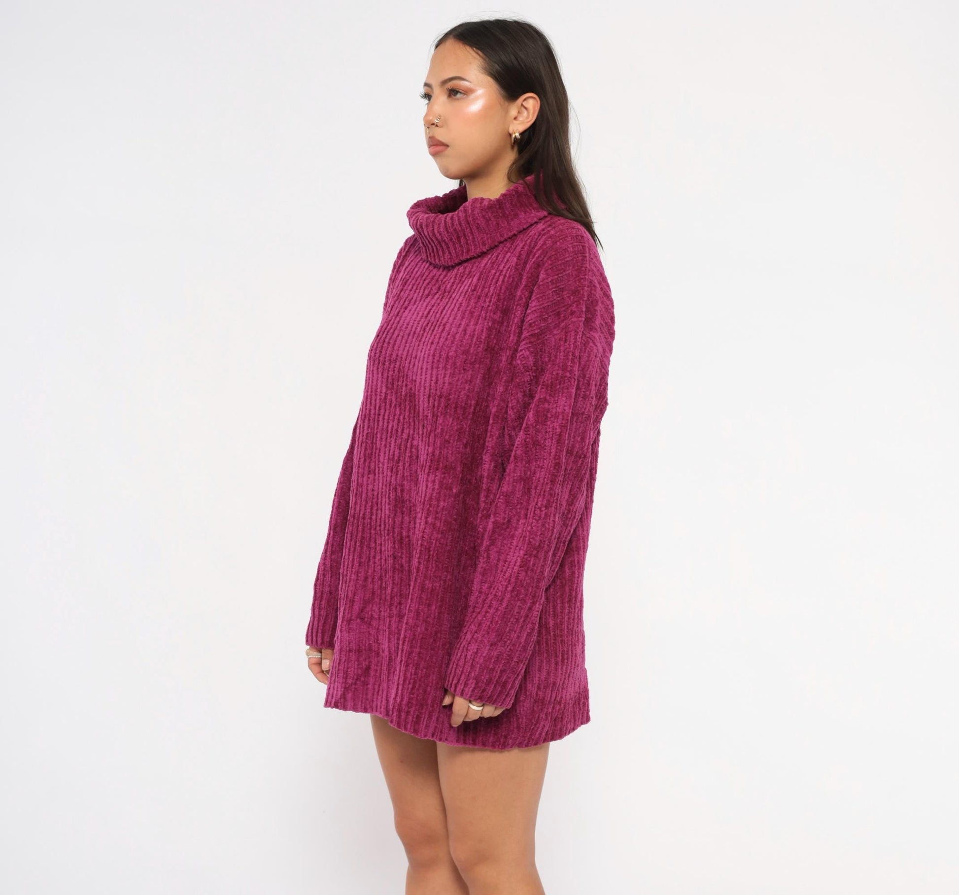 80s Knitwear Magenta Chenille Turtleneck Ribbed Knit Sweater Large L