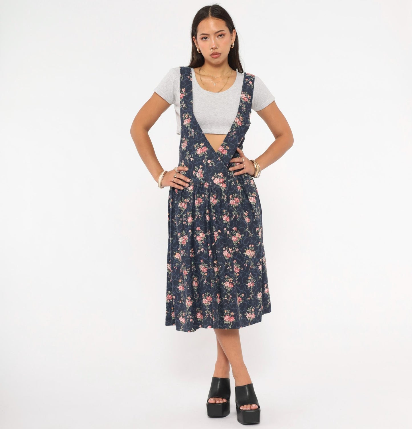90s Navy Floral Pinafore Dress Pink Rose Print Mid-Calf Gathered Jumper XS