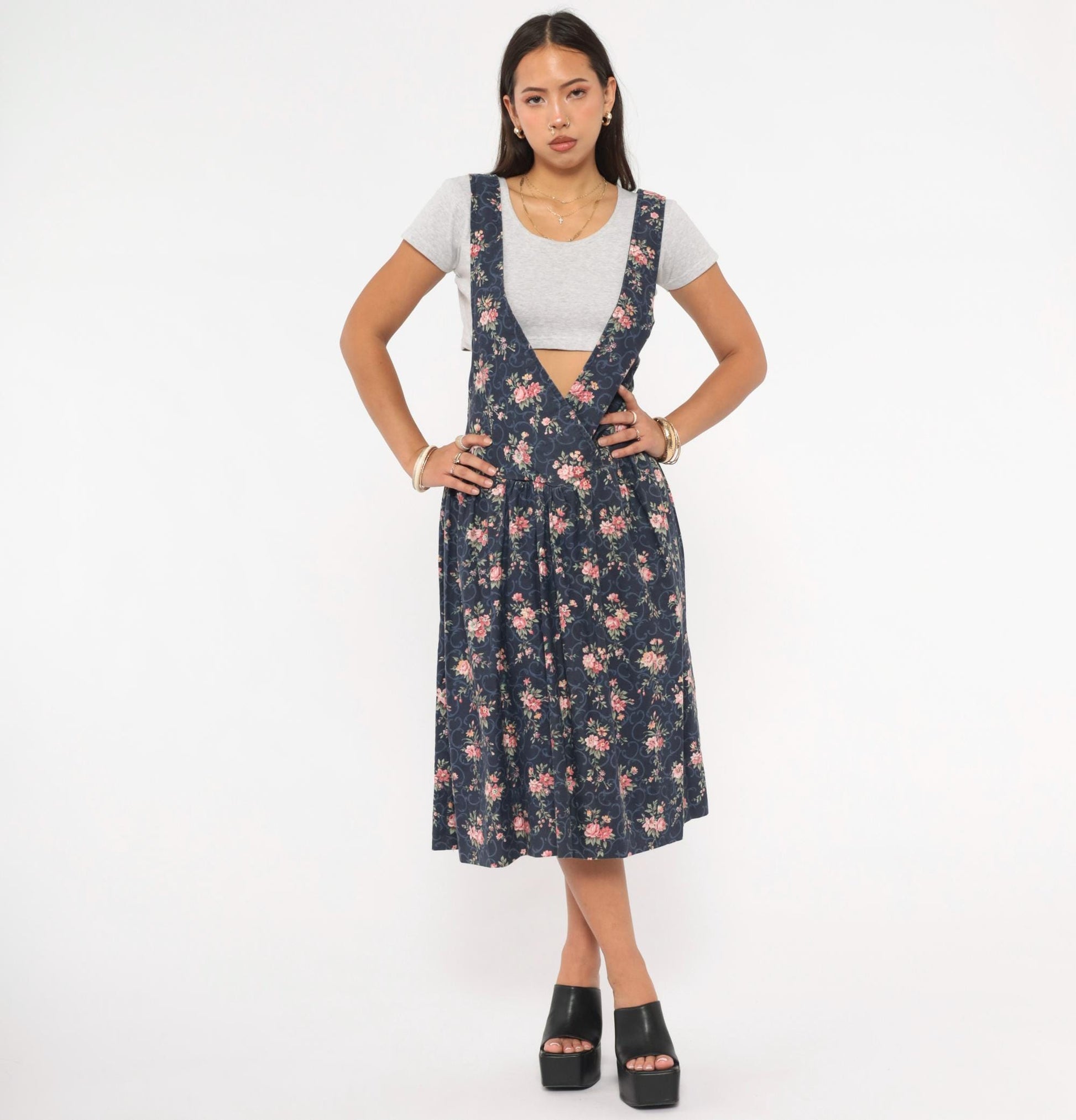 90s Navy Floral Pinafore Dress Pink Rose Print Mid-Calf Gathered Jumper XS
