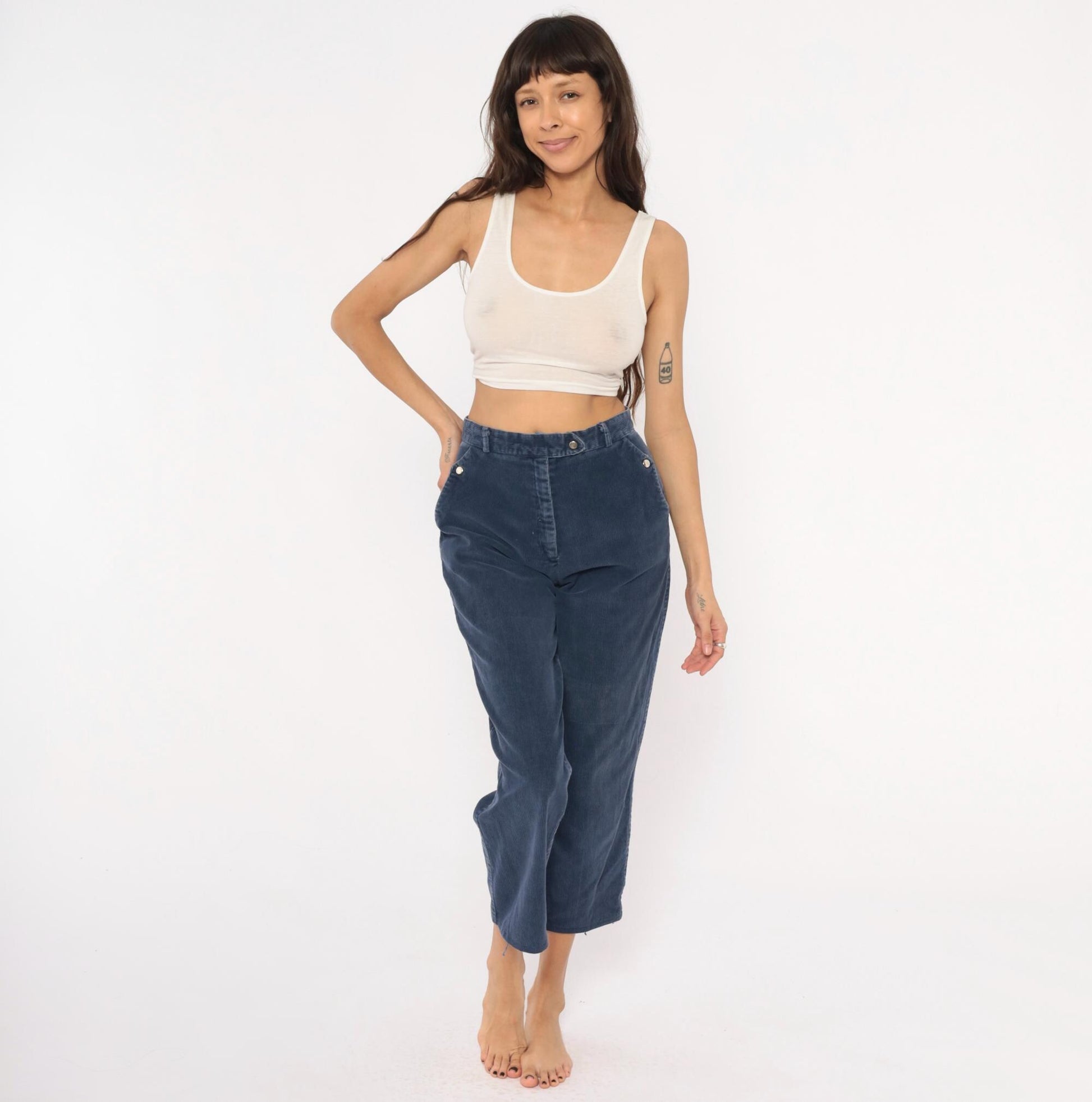 80s Tomboy Navy Corduroy Trousers High Waist Cropped Straight Leg Small