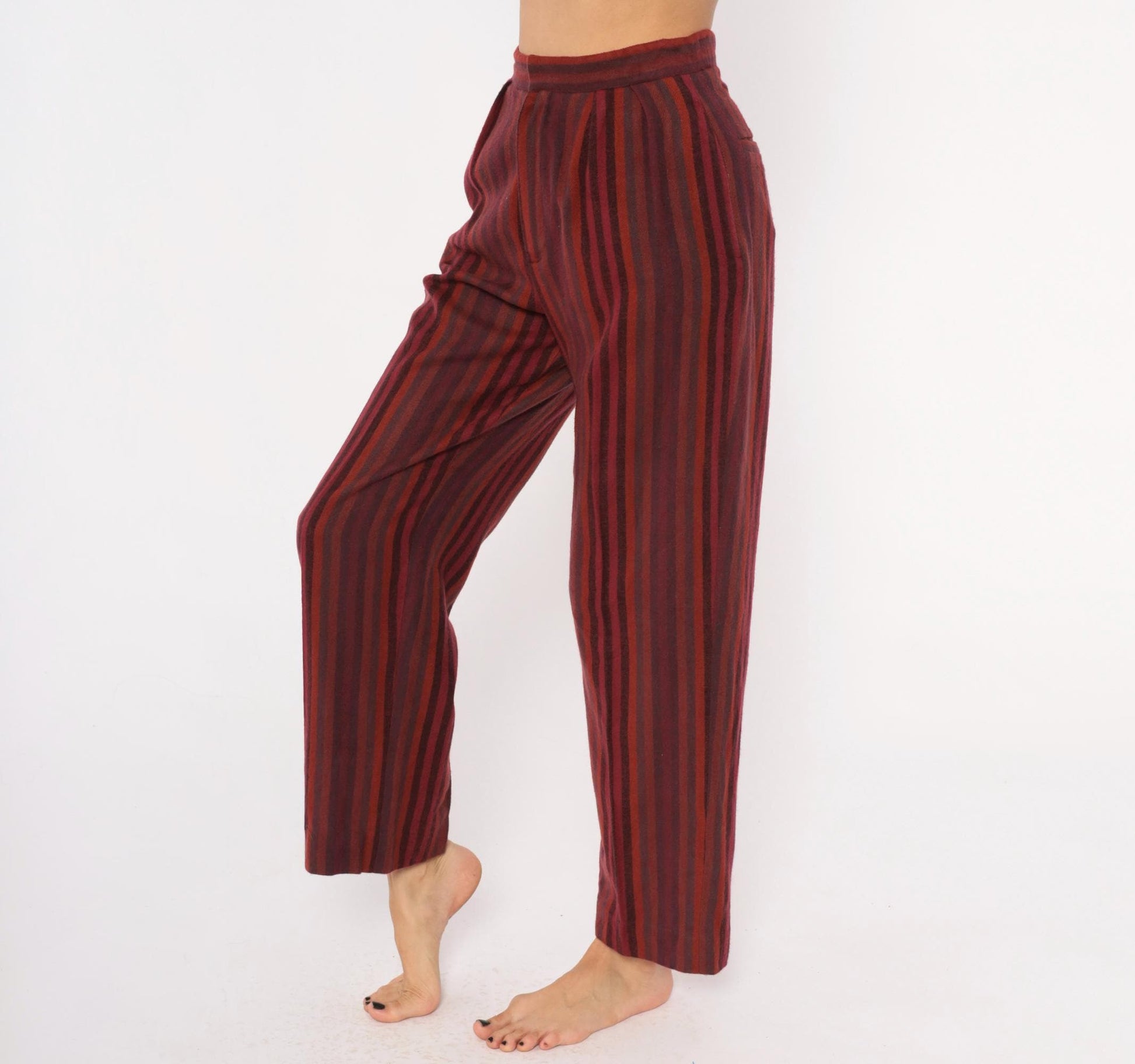 70s Burgundy Striped High Waist Tapered Trousers Pleated Front Small