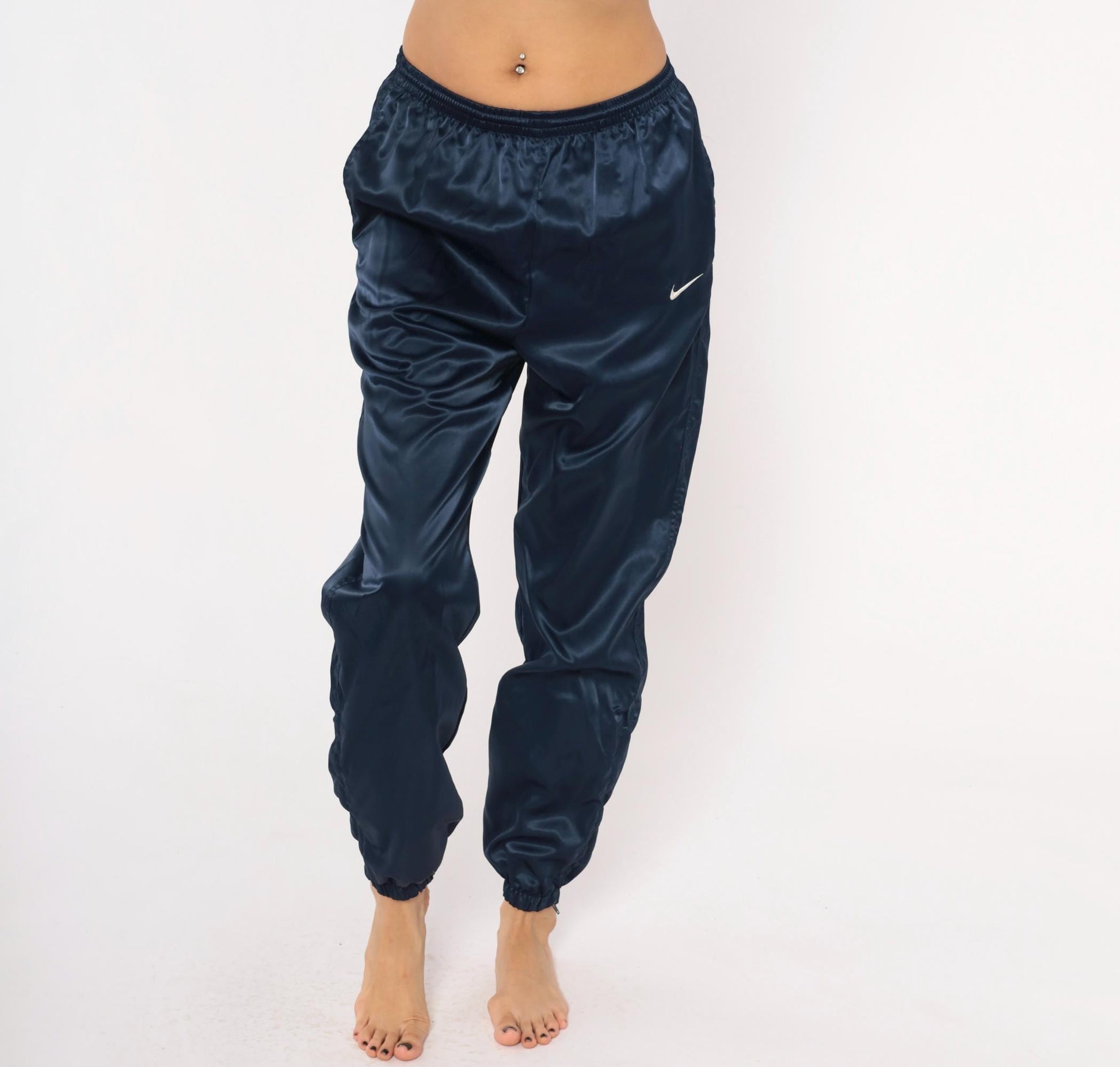 90s Nike Navy Satin Track Pants Swoosh Logo Elastic Waist Small S