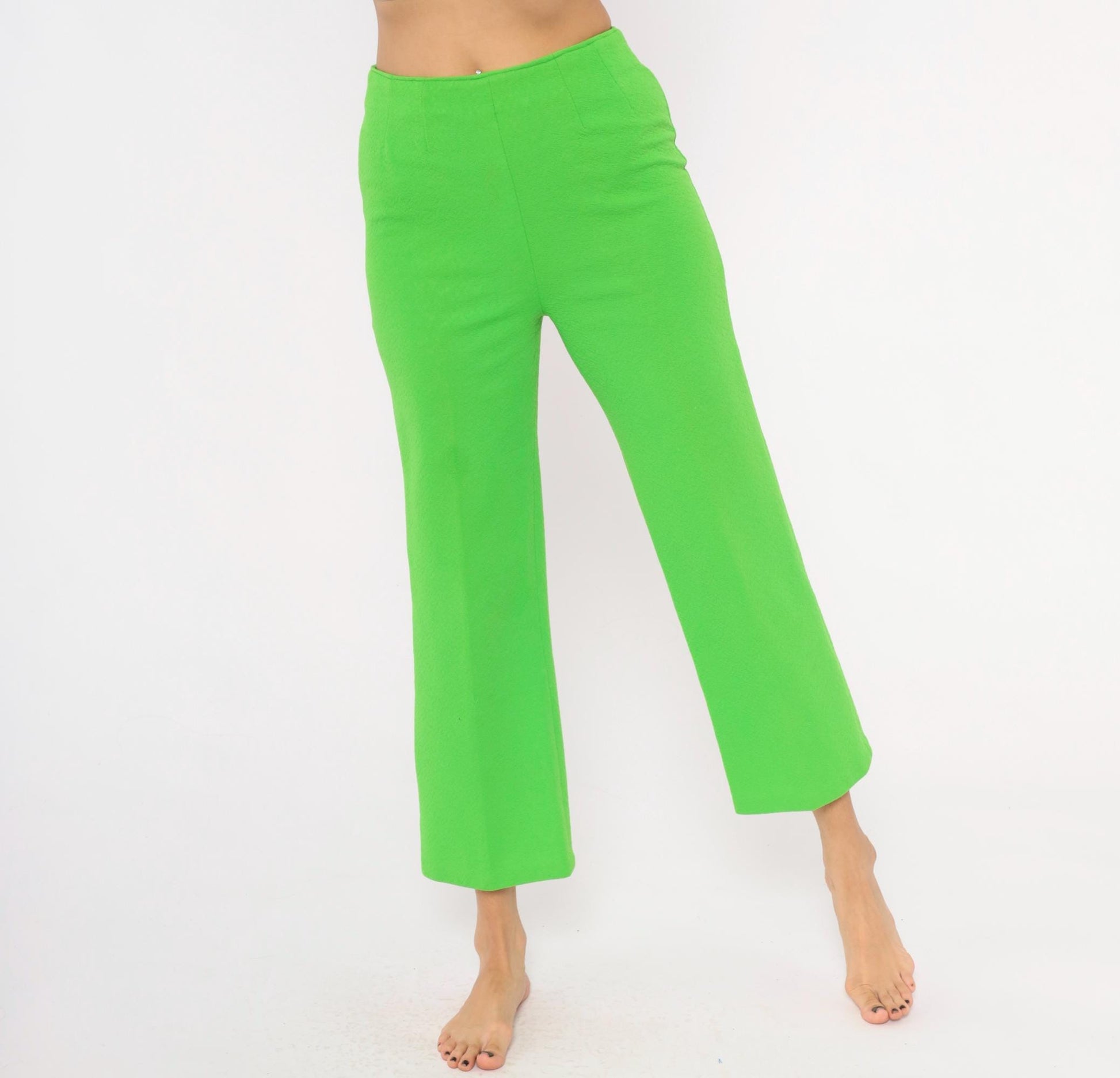 70s Lime Green High-Waist Wide Leg Flare Pants Ankle Length Small S