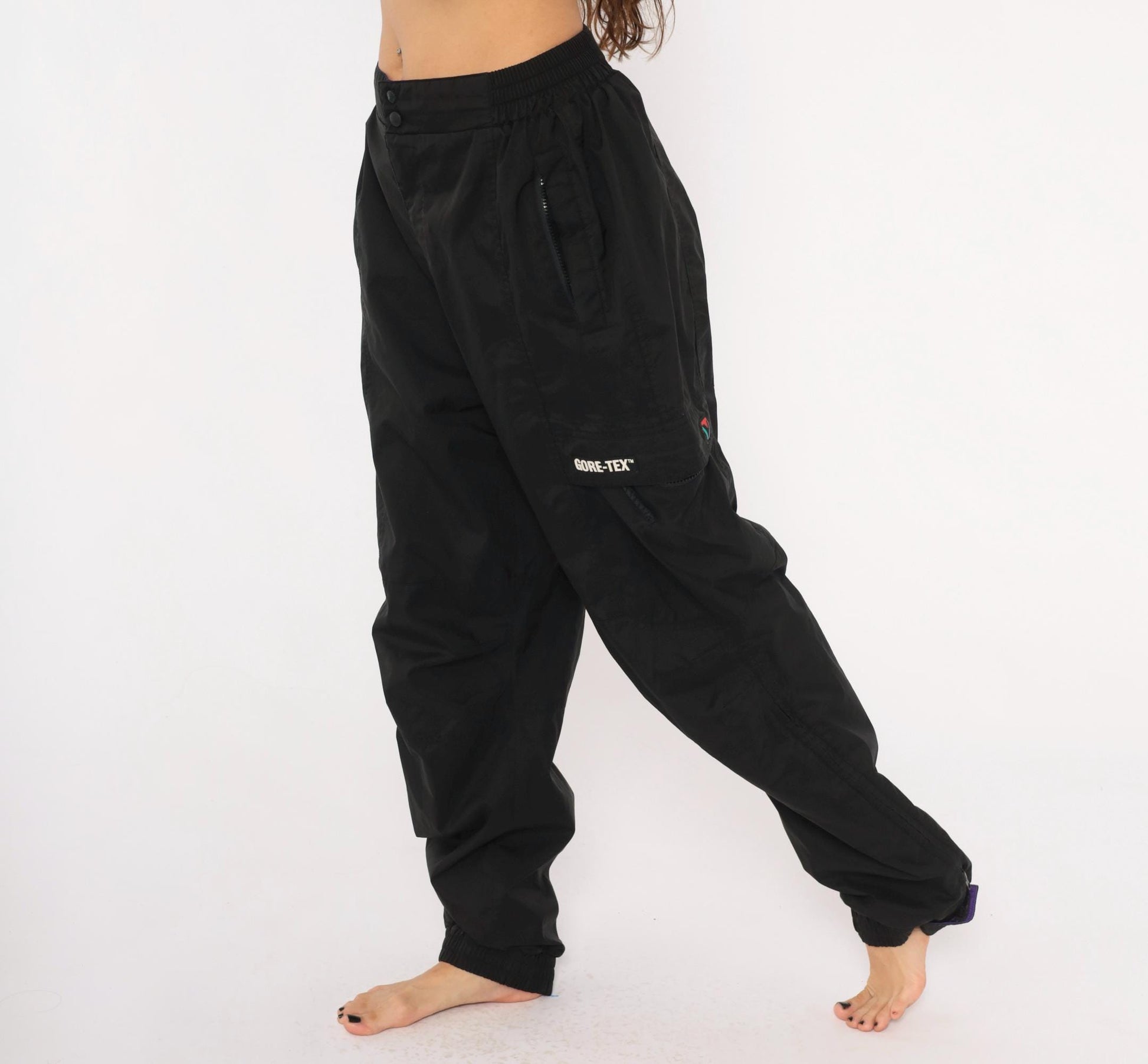 2000s Gore-Tex Black Nylon Shell Pants Cargo Pocket Snap Waist Large L