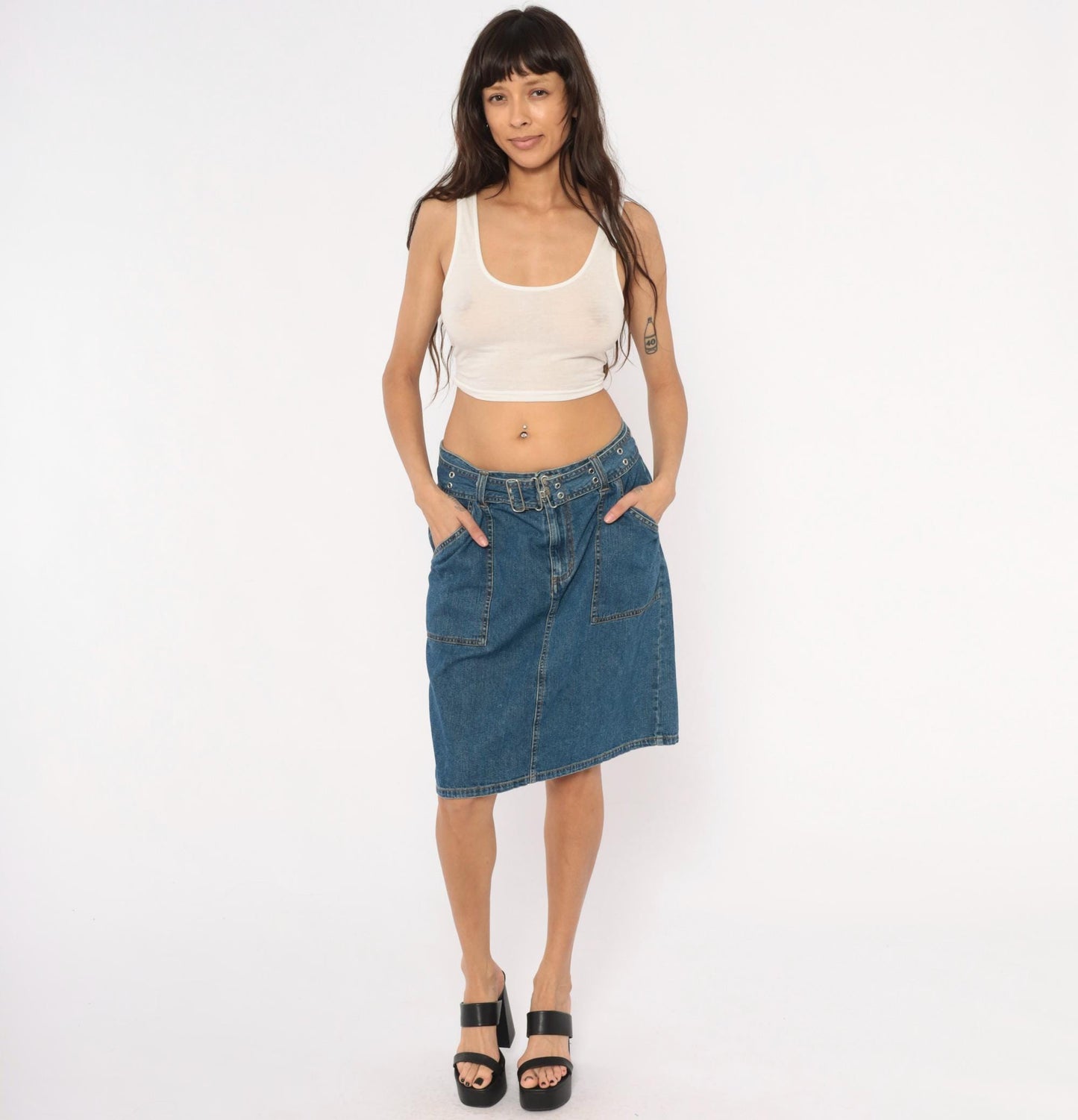 2000s Bill Blass Belted Denim Mini Skirt Indigo Cotton Medium M
