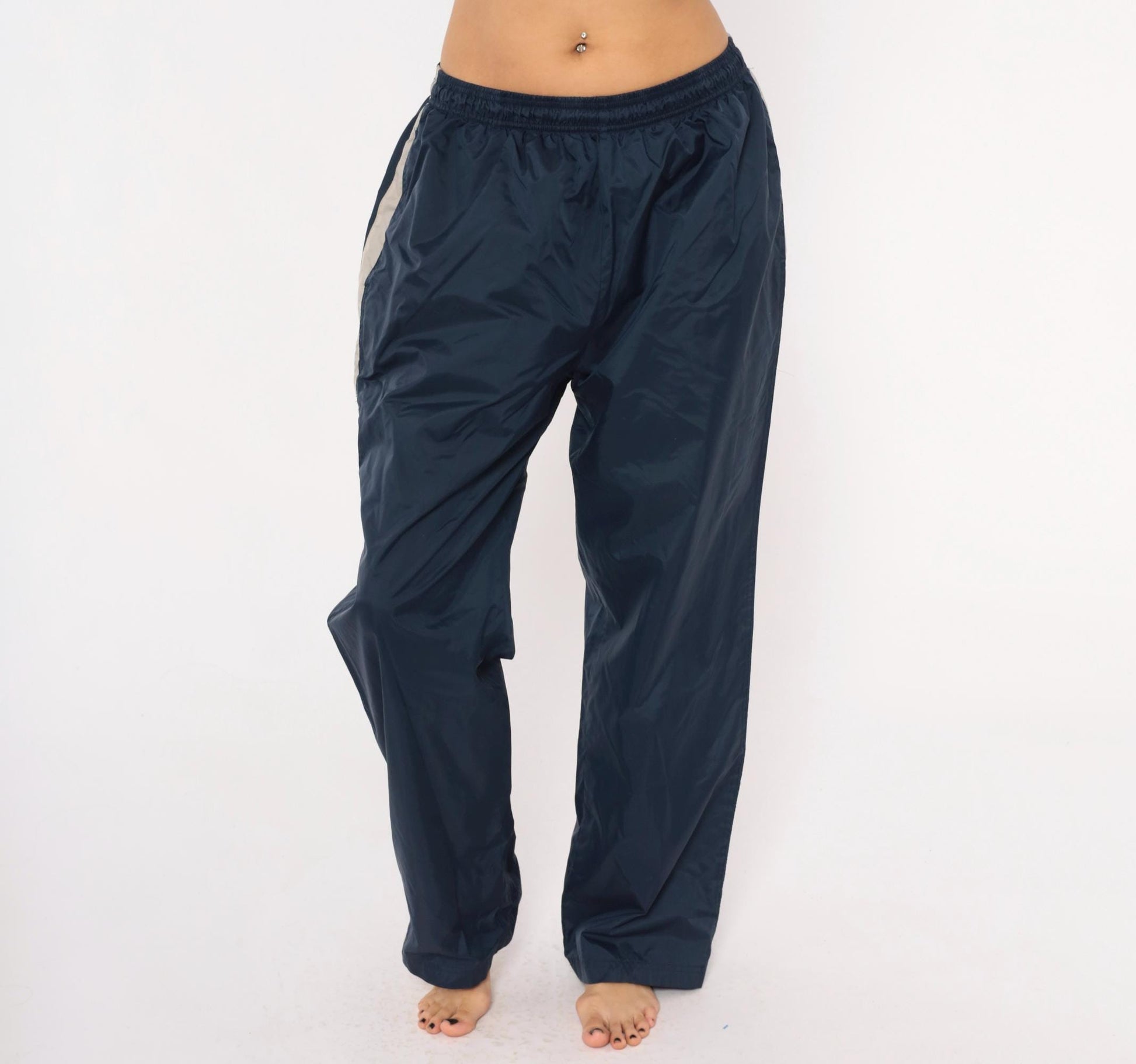 90s Reebok Navy Track Pants Nylon Elastic Waist Straight Leg Large L
