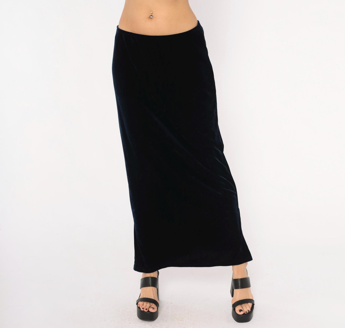 90s Navy Velvet Maxi Skirt Straight Column Ankle Length Medium Large