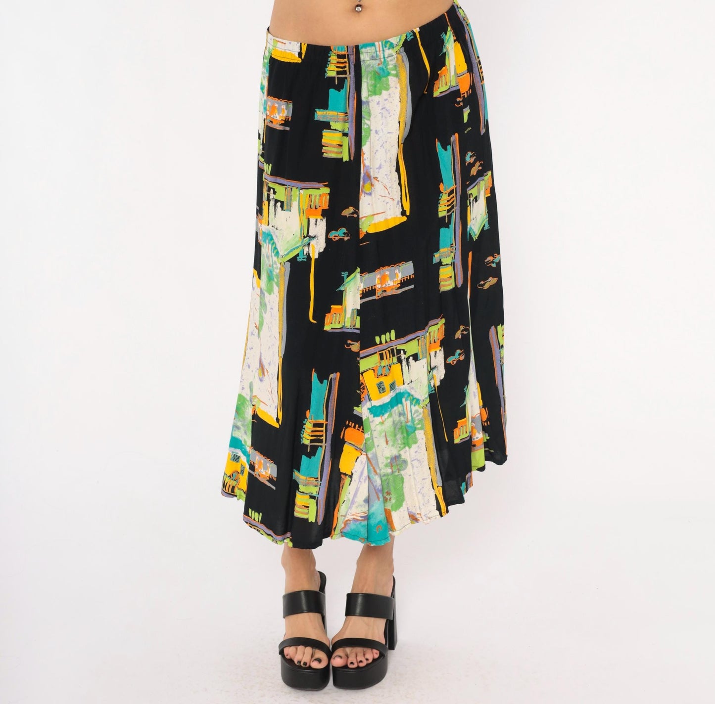 90s Sharon Anthony Maxi Skirt Cityscape Print Black Teal Orange Extra Large