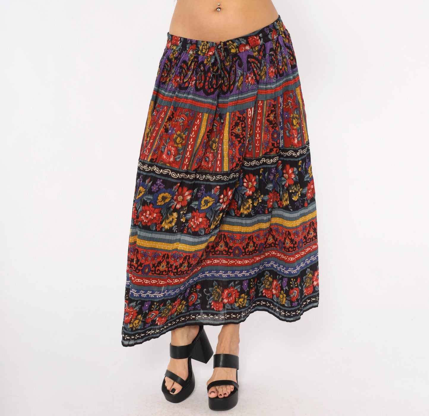 90s Phool Tiered Maxi Skirt Floral Geometric Print Cotton Plus Size 3X