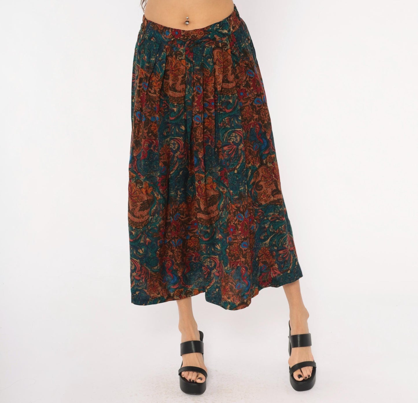80s Ambiance New York Paisley Pleated Midi Skirt Teal Rust Small