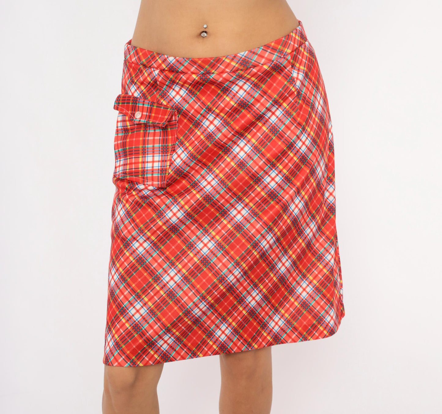 70s Red Tartan Plaid Skort A-Line Knee Length Built-In Shorts Medium Large