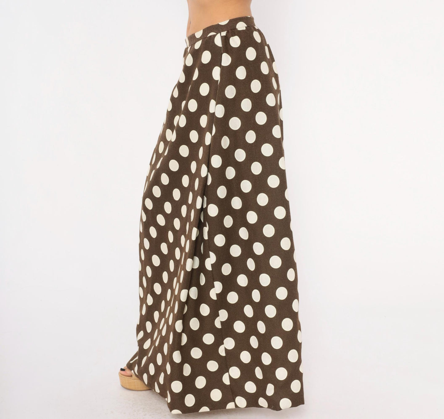70s Brown Cream Polka Dot Maxi Skirt A-Line Cotton Gathered Waist Medium