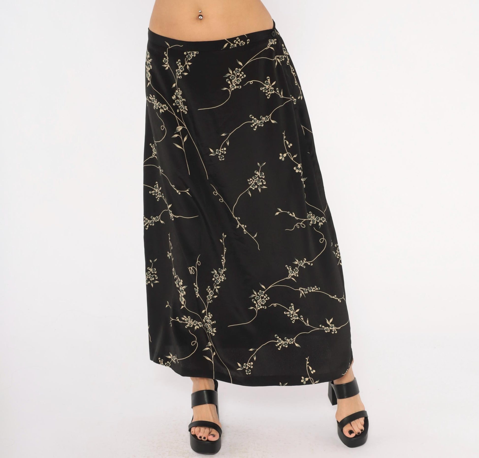 90s Studio C Cherry Blossom Maxi Skirt Black Tan Floral Elastic Waist Extra Large