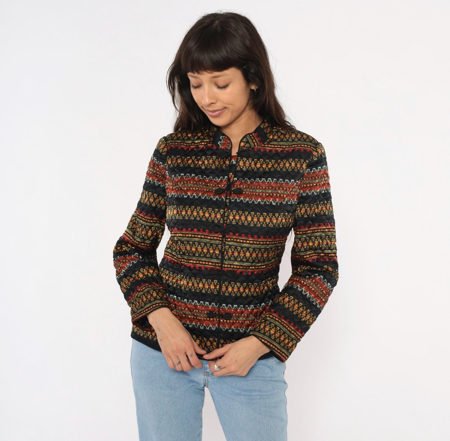90s Juno Esque Quilted Jacket Mandarin Collar Tribal Stripe Black Gold Red Small
