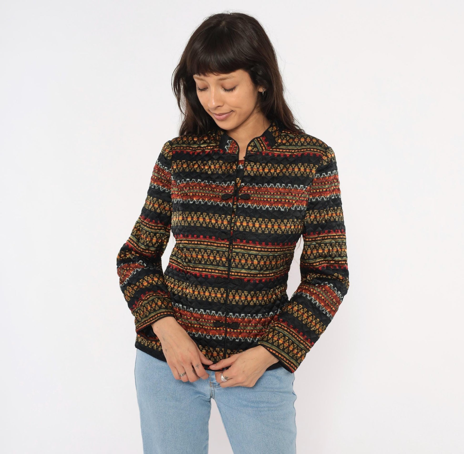 90s Juno Esque Quilted Jacket Mandarin Collar Tribal Stripe Black Gold Red Small