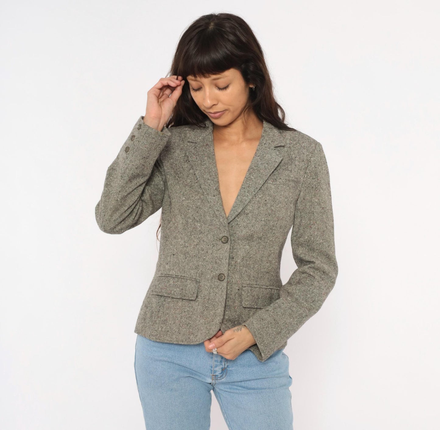 80s Pendleton Tweed Blazer Grey Wool Notched Lapel Fitted Small S